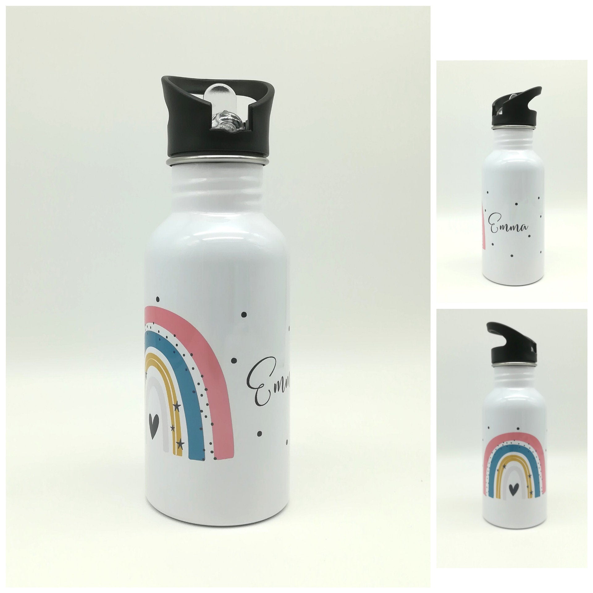 Trinkflasche mit Namen "Regenbogen rosa"/ Kindergarten/ Schule/ Sport/ 500ml mit Strohhalm