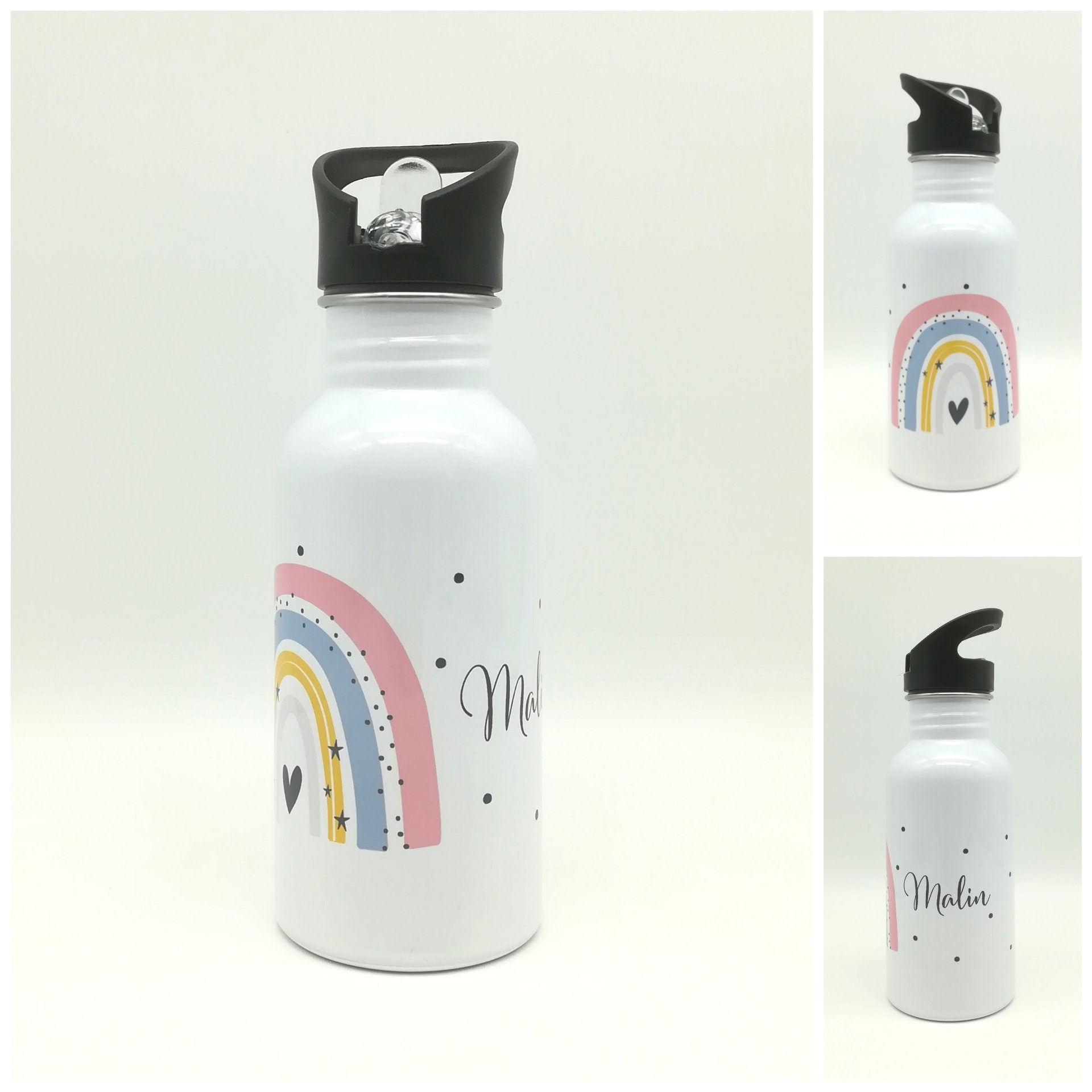 Trinkflasche mit Namen "Regenbogen pastell rosa"/ Kindergarten/ Schule/ Sport/ 500ml mit Strohhalm