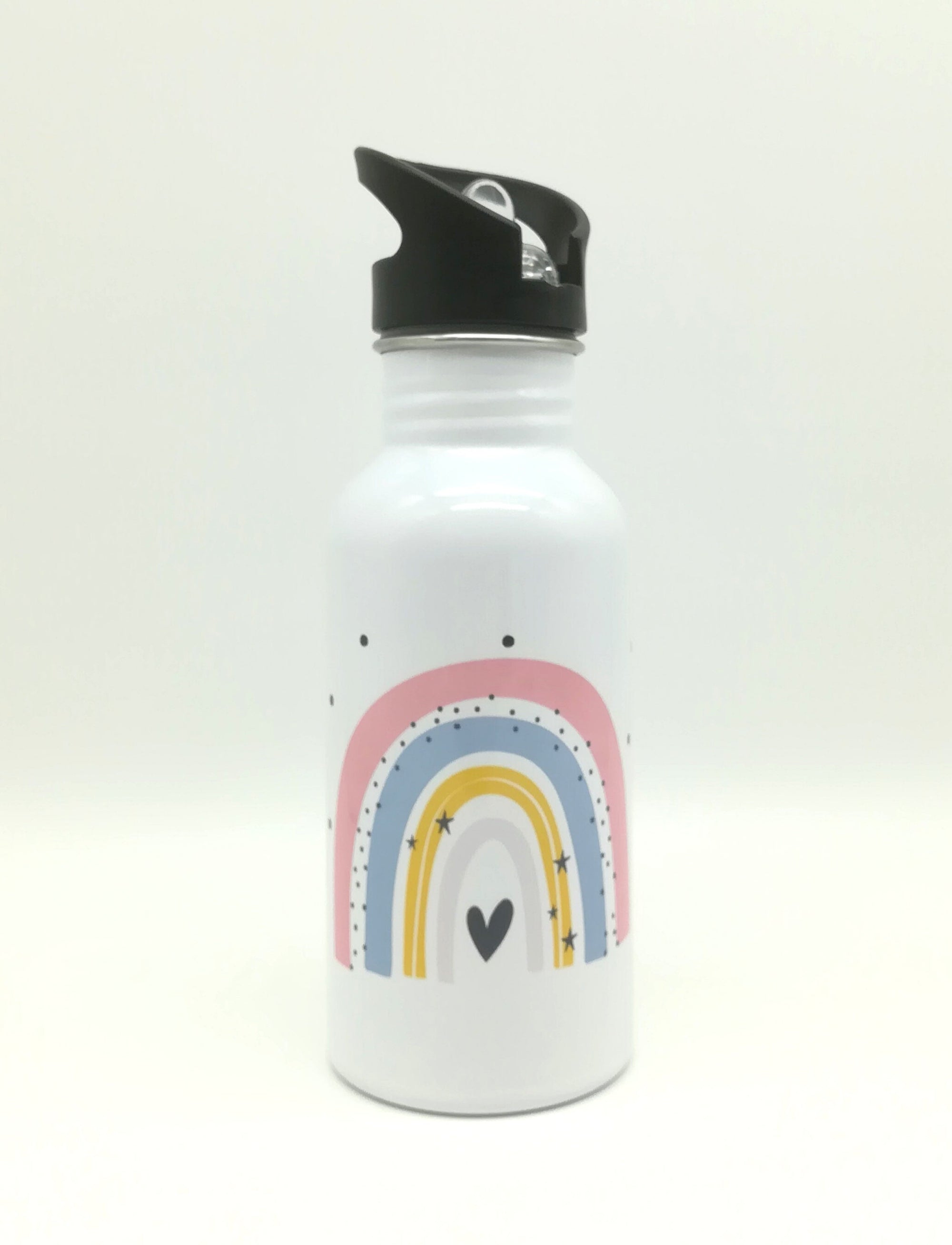 Trinkflasche mit Namen "Regenbogen pastell rosa"/ Kindergarten/ Schule/ Sport/ 500ml mit Strohhalm