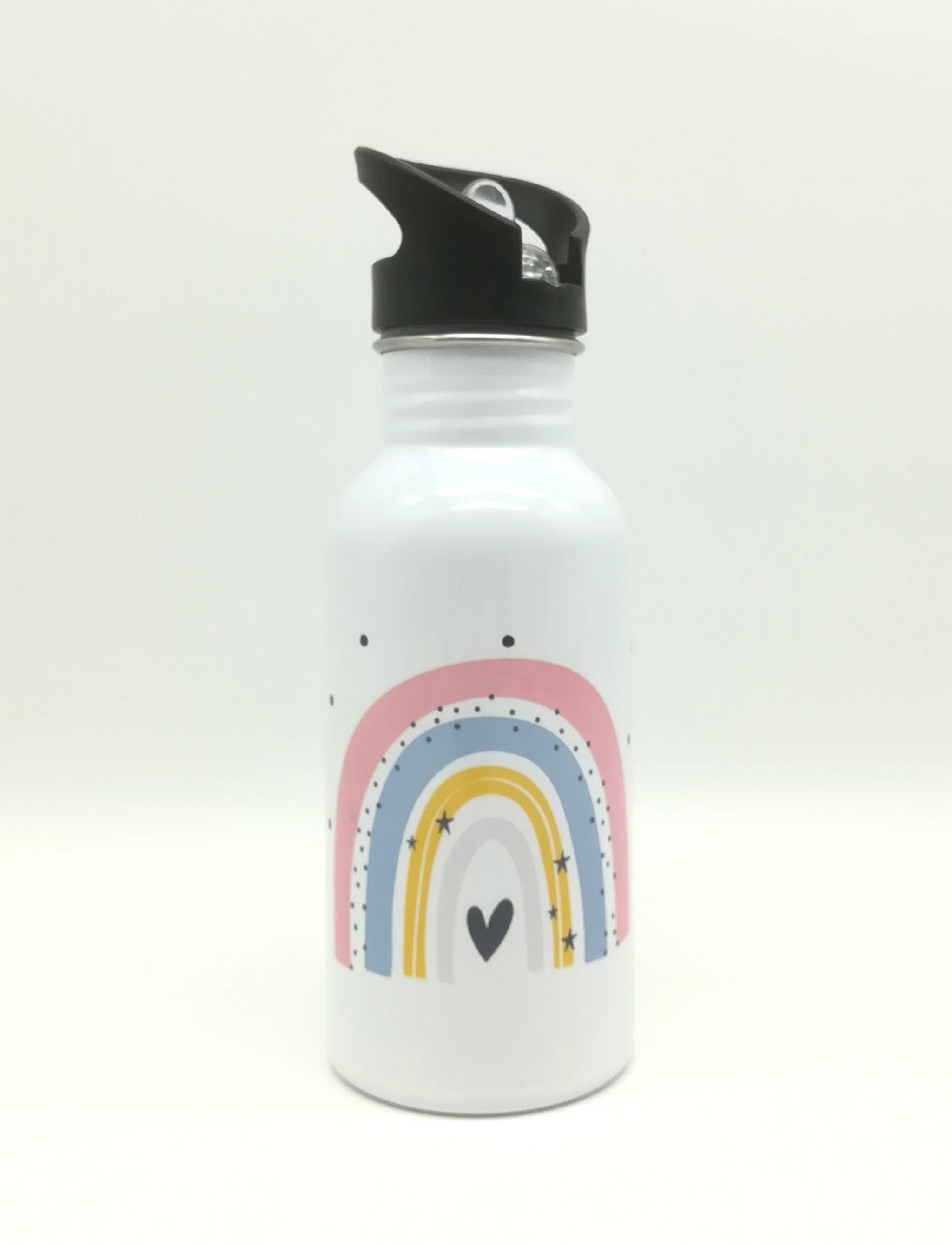 Trinkflasche mit Namen "Regenbogen pastell rosa"/ Kindergarten/ Schule/ Sport/ 500ml mit Strohhalm