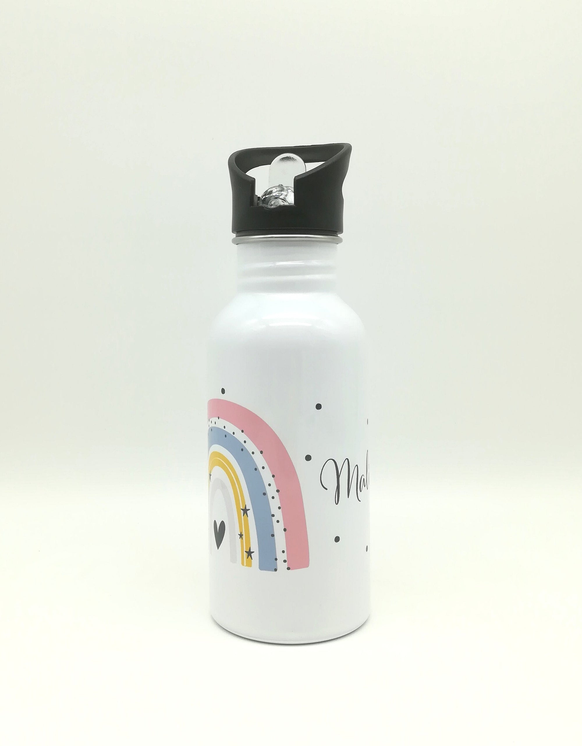 Trinkflasche mit Namen "Regenbogen pastell rosa"/ Kindergarten/ Schule/ Sport/ 500ml mit Strohhalm