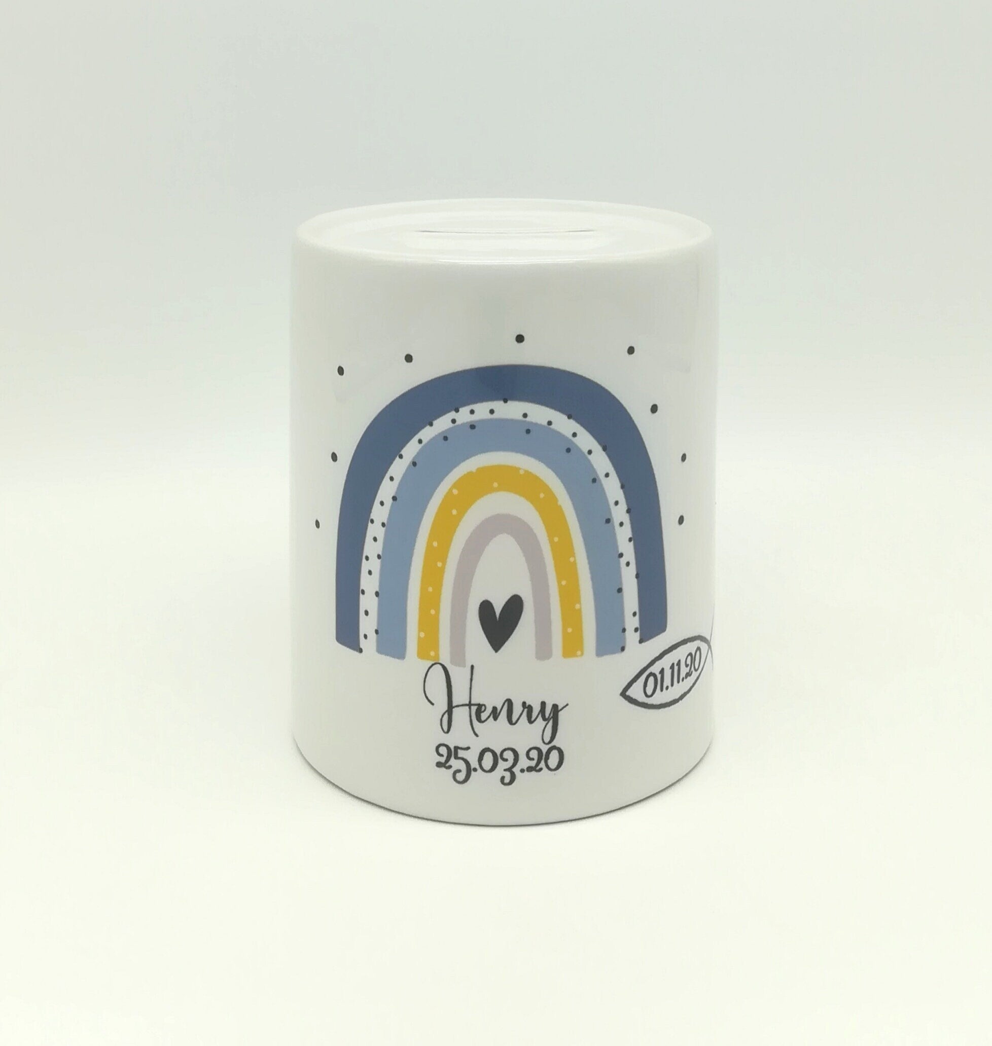Spardose "Regenbogen blau/Fisch personalisiert mit Namen/ Taufe/ Taufgeschenk
