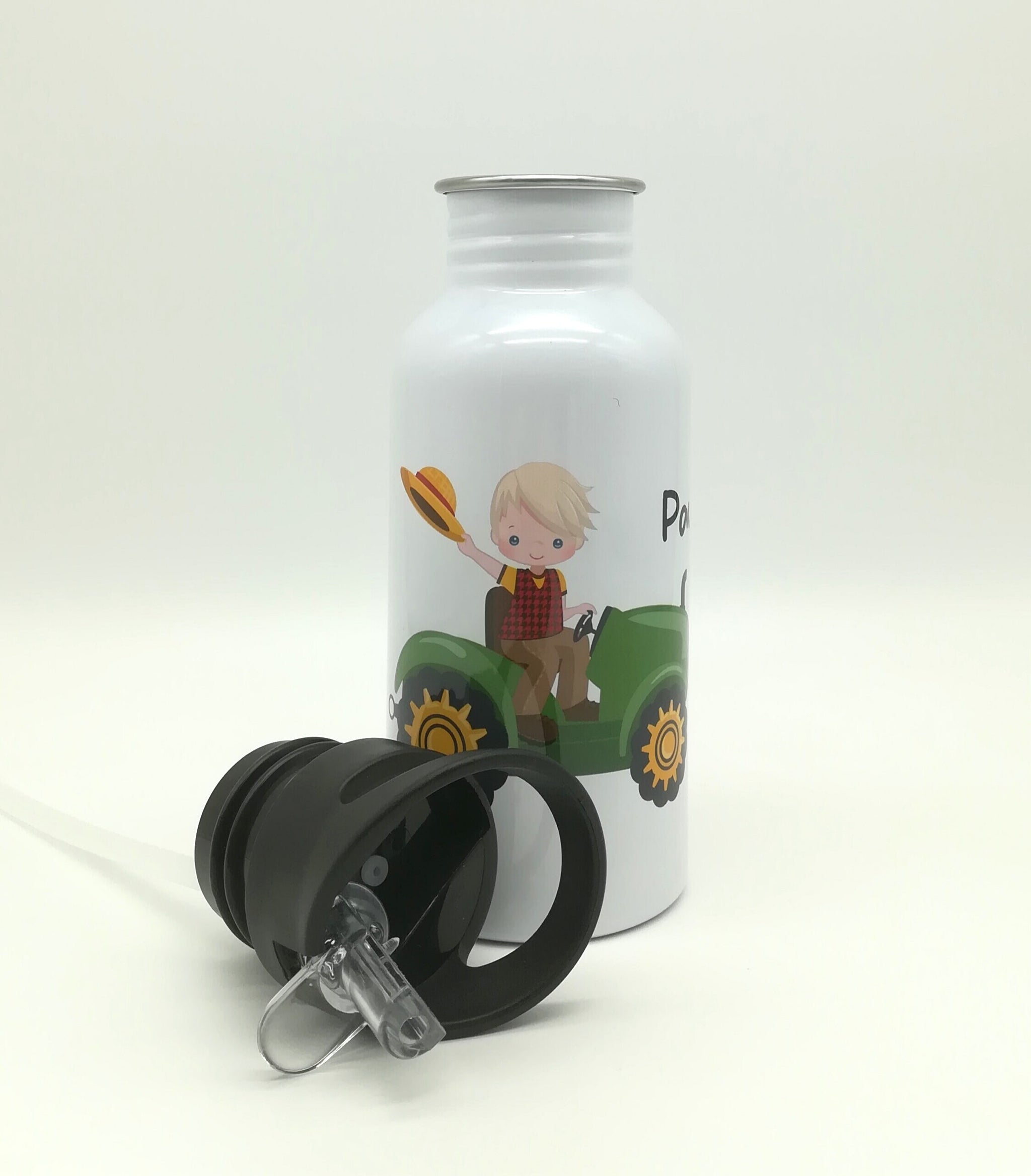 Trinkflasche mit Namen "Traktor"/ Kindergarten/ Schule/ Sport/ 500ml mit Strohhalm