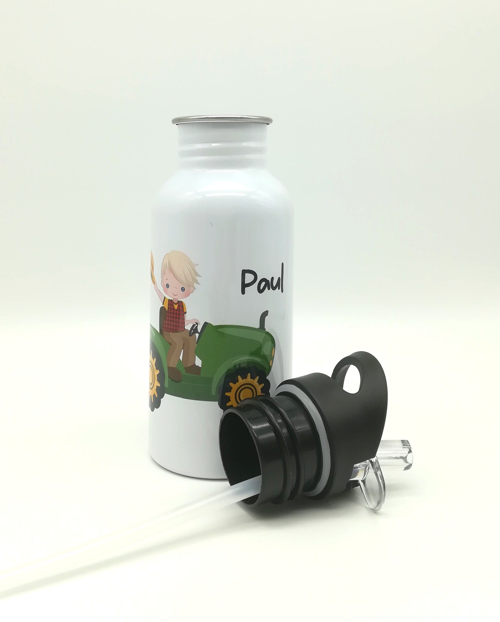 Trinkflasche mit Namen "Traktor"/ Kindergarten/ Schule/ Sport/ 500ml mit Strohhalm