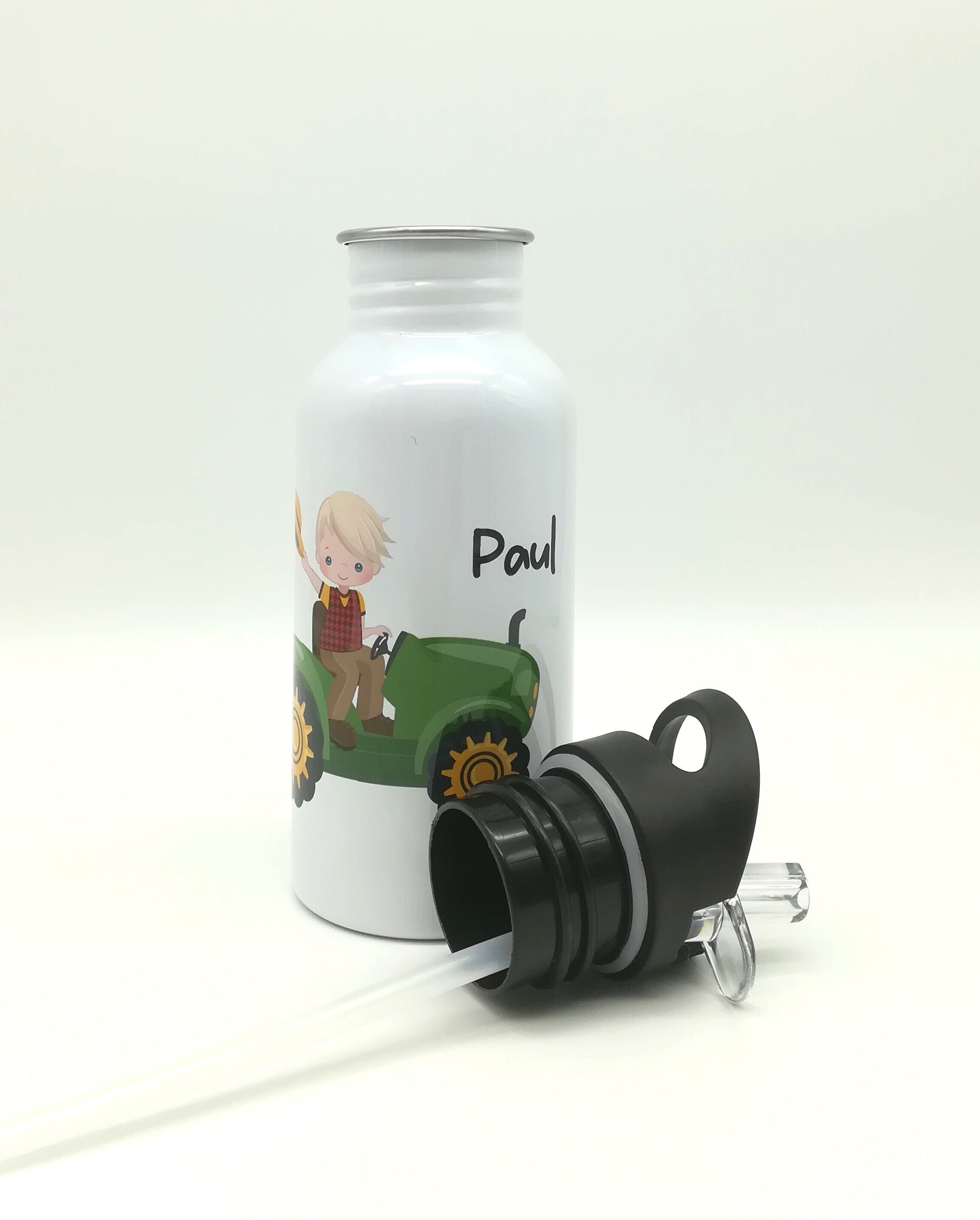 Trinkflasche mit Namen "Traktor"/ Kindergarten/ Schule/ Sport/ 500ml mit Strohhalm