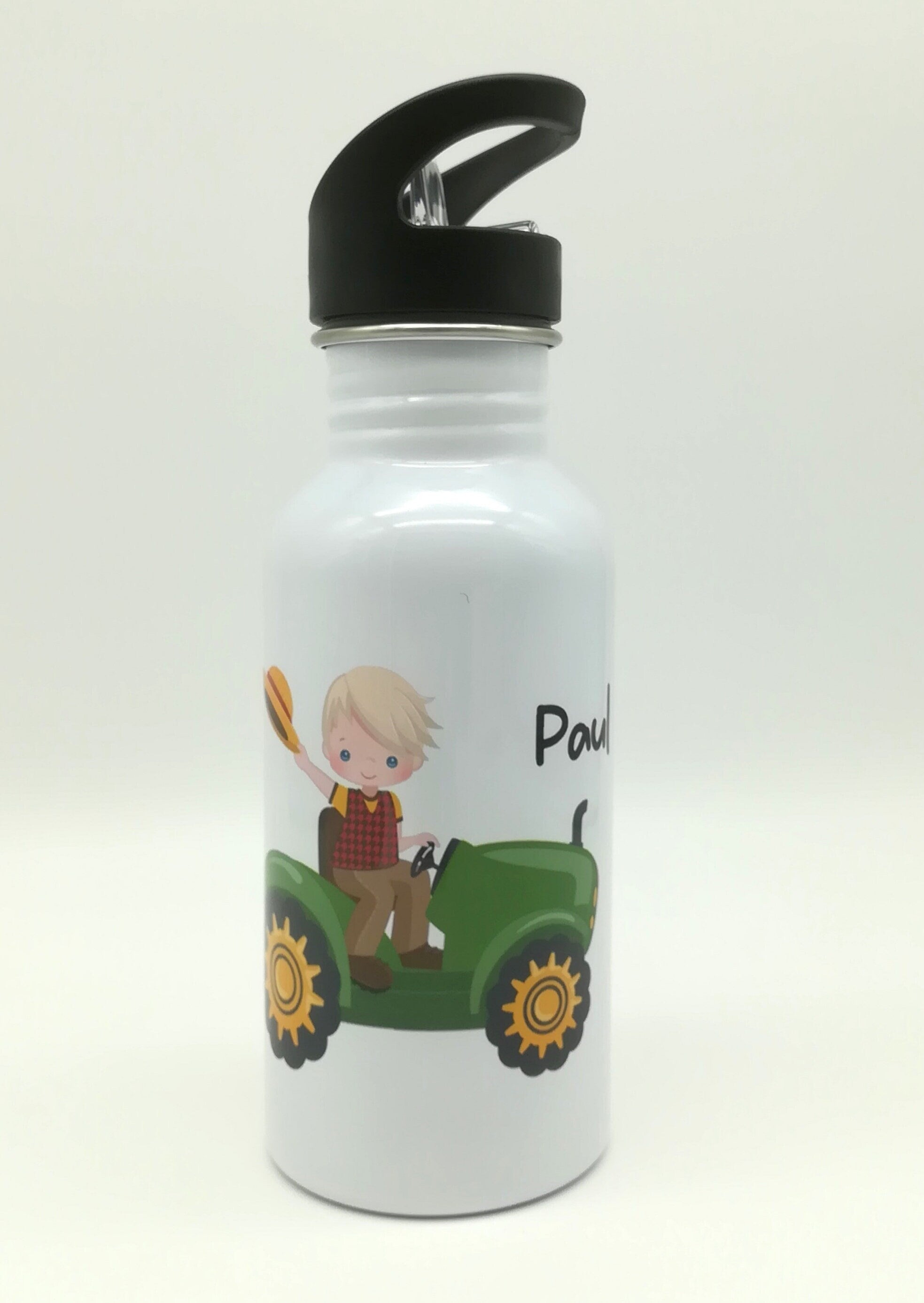 Trinkflasche mit Namen "Traktor"/ Kindergarten/ Schule/ Sport/ 500ml mit Strohhalm
