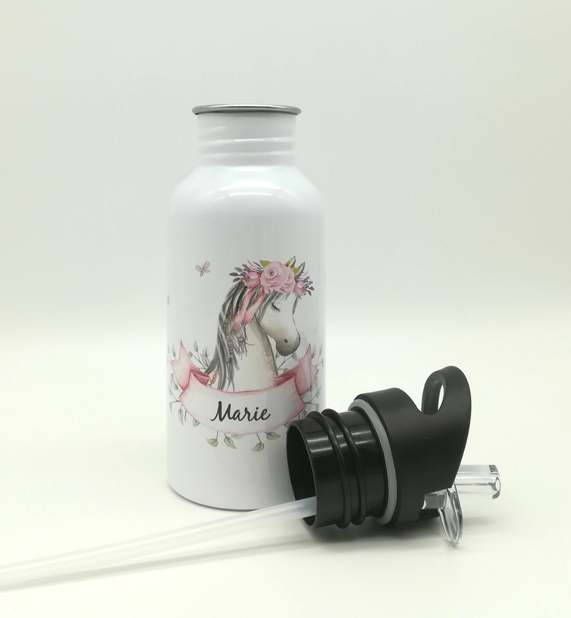 Trinkflasche mit Namen "Pferd"/ Kindergarten/ Schule/ Sport/ 500ml mit Strohhalm