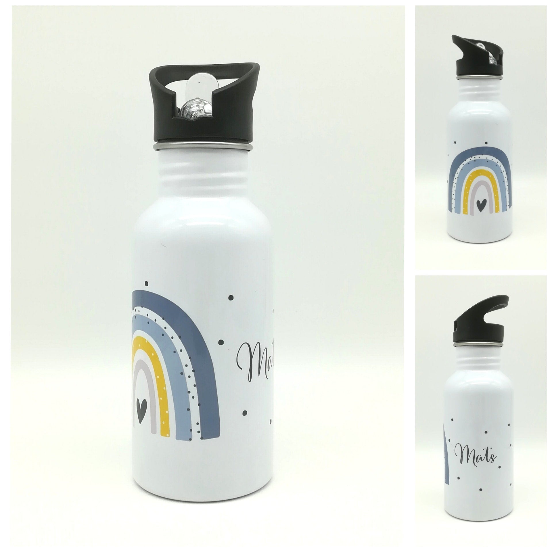 Trinkflasche mit Namen "Regenbogen blau/grau"/ Kindergarten/ Schule/ Sport/ 500ml mit Strohhalm, Trinkflasche Kinder, Edelstahl Trinkflasche