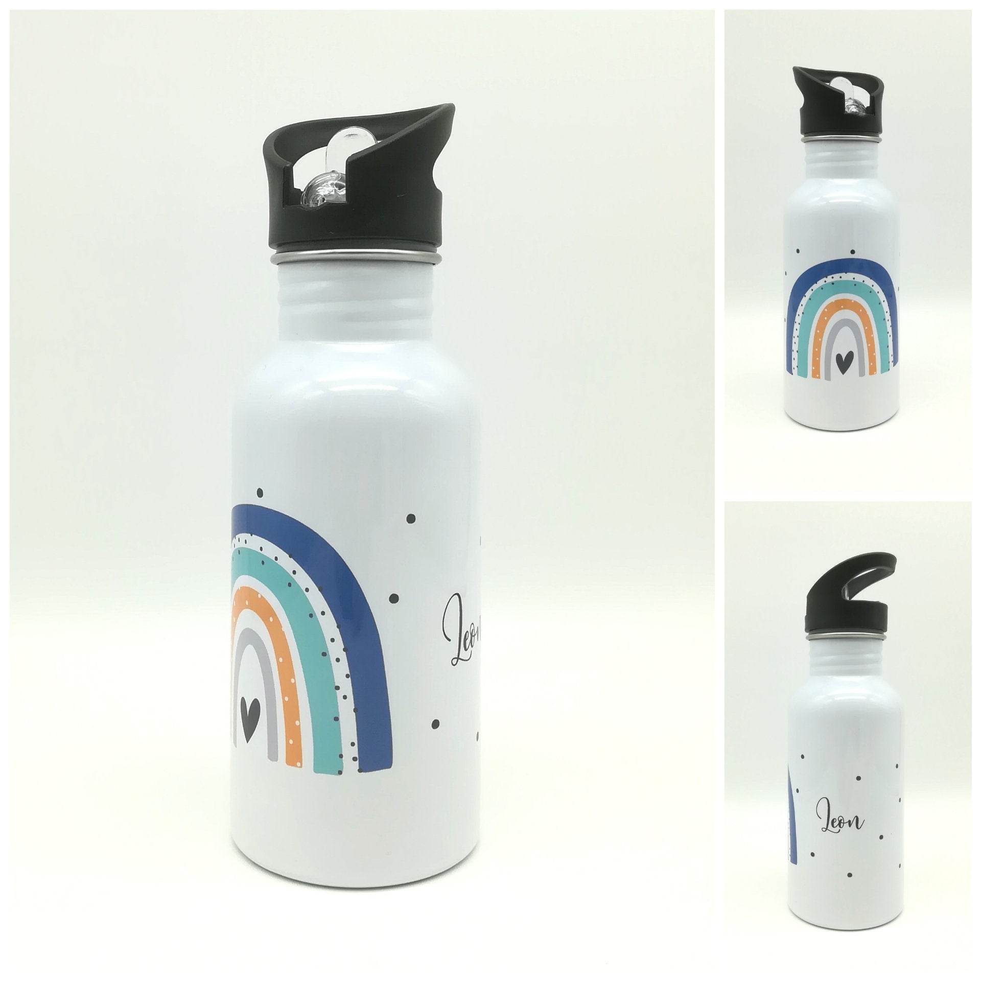 Trinkflasche mit Namen "Regenbogen blau/mint"/ Kindergarten/ Schule/ Sport/ 500ml mit Strohhalm, Geschenk zur Einschulung, Flasche Strohhalm