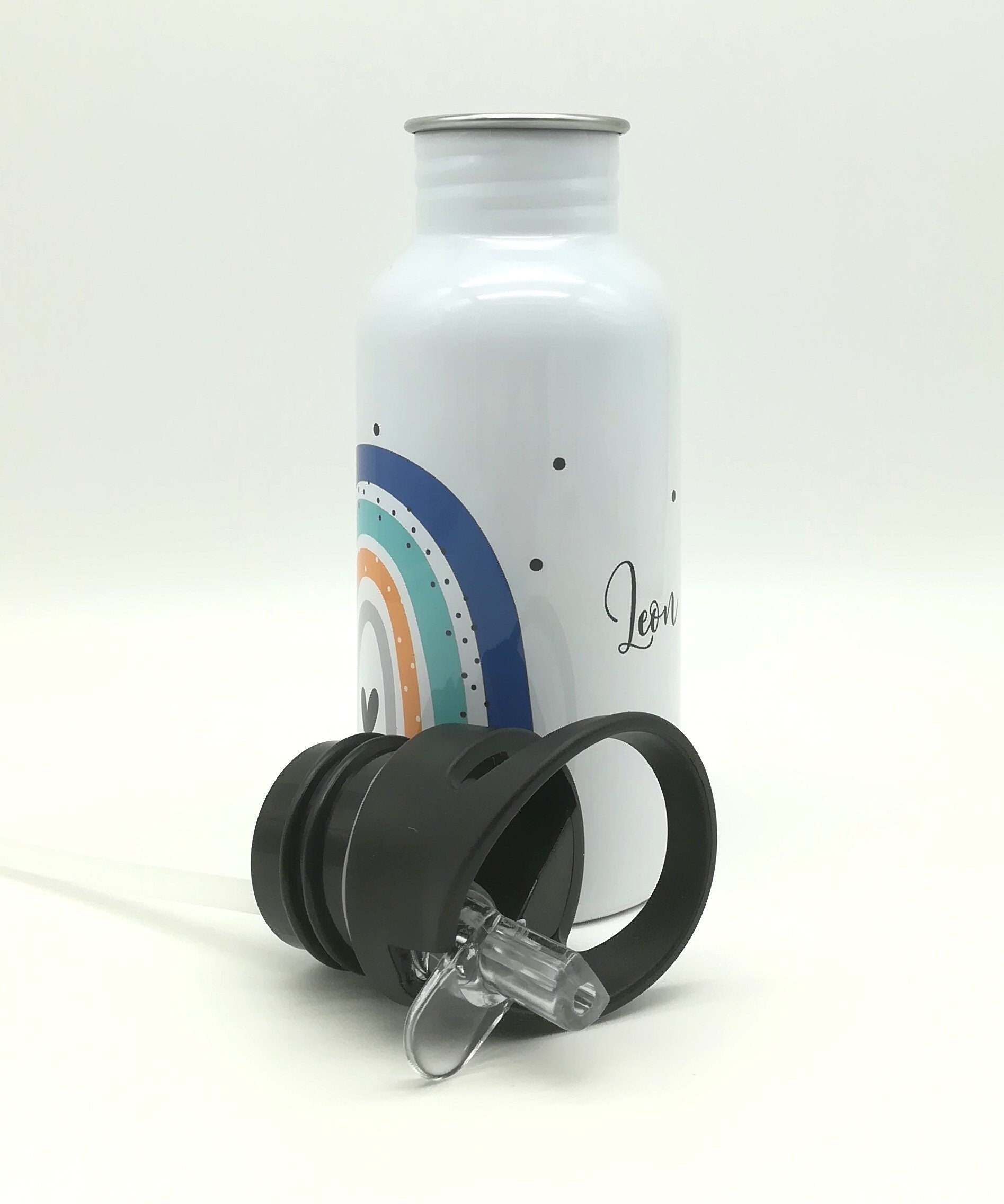 Trinkflasche mit Namen "Regenbogen blau/mint"/ Kindergarten/ Schule/ Sport/ 500ml mit Strohhalm, Geschenk zur Einschulung, Flasche Strohhalm