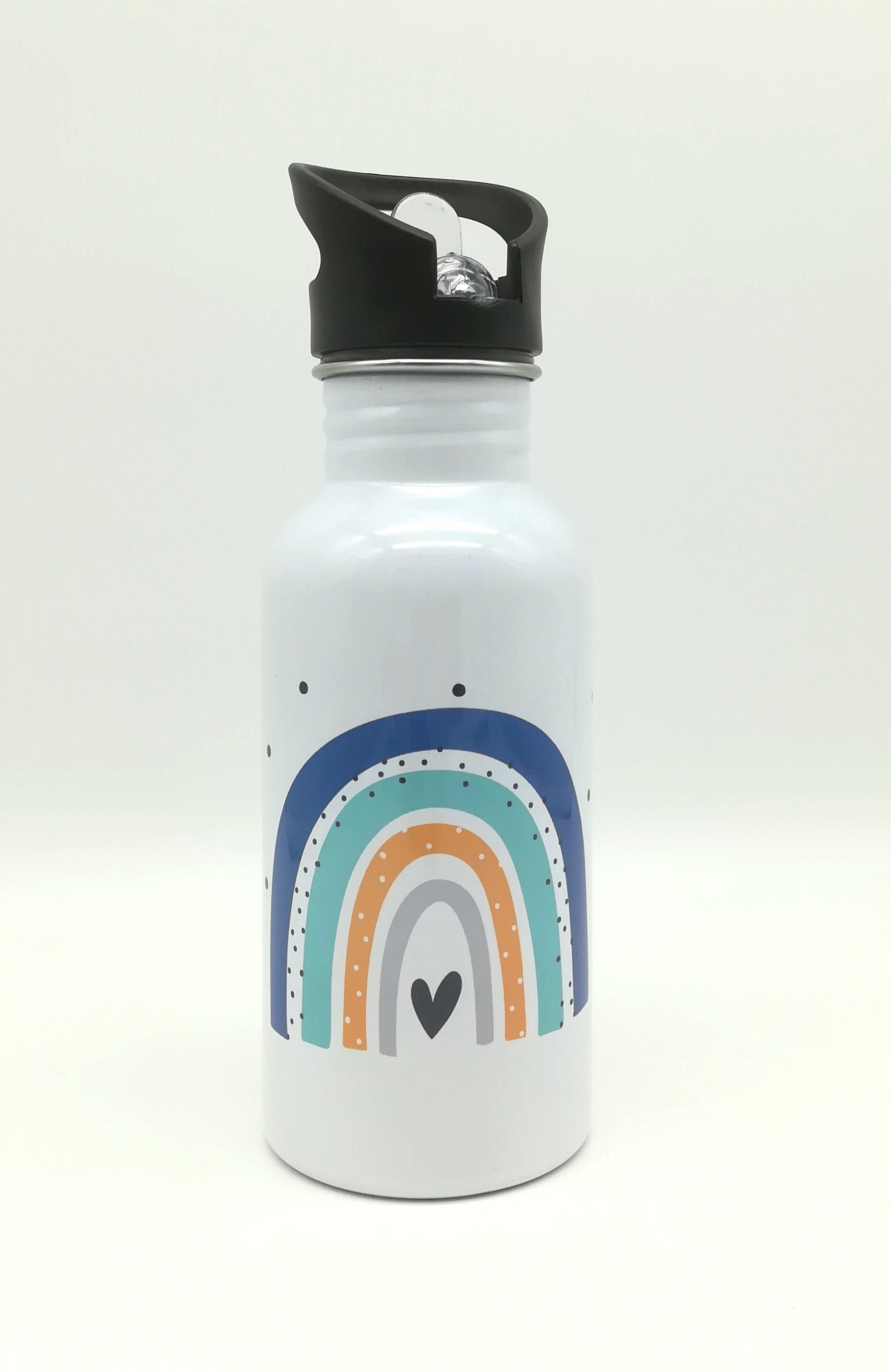 Trinkflasche mit Namen "Regenbogen blau/mint"/ Kindergarten/ Schule/ Sport/ 500ml mit Strohhalm, Geschenk zur Einschulung, Flasche Strohhalm
