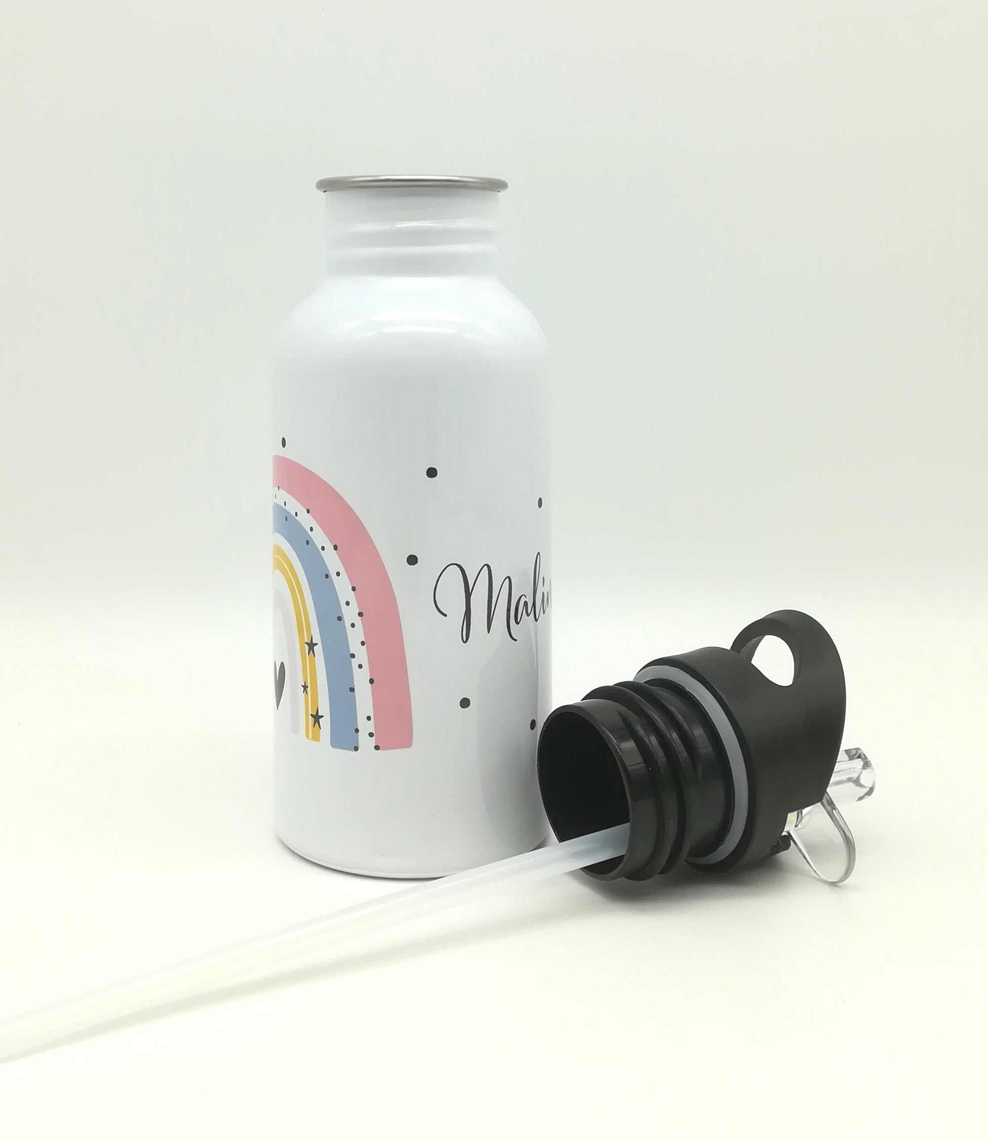 Trinkflasche mit Namen "Regenbogen pastell rosa"/ Kindergarten/ Schule/ Sport/ 500ml mit Strohhalm