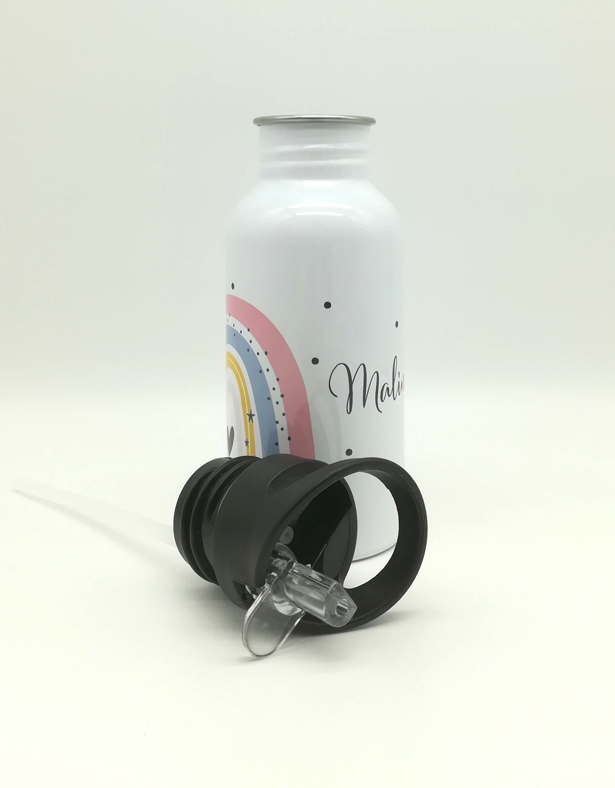 Trinkflasche mit Namen "Regenbogen pastell rosa"/ Kindergarten/ Schule/ Sport/ 500ml mit Strohhalm