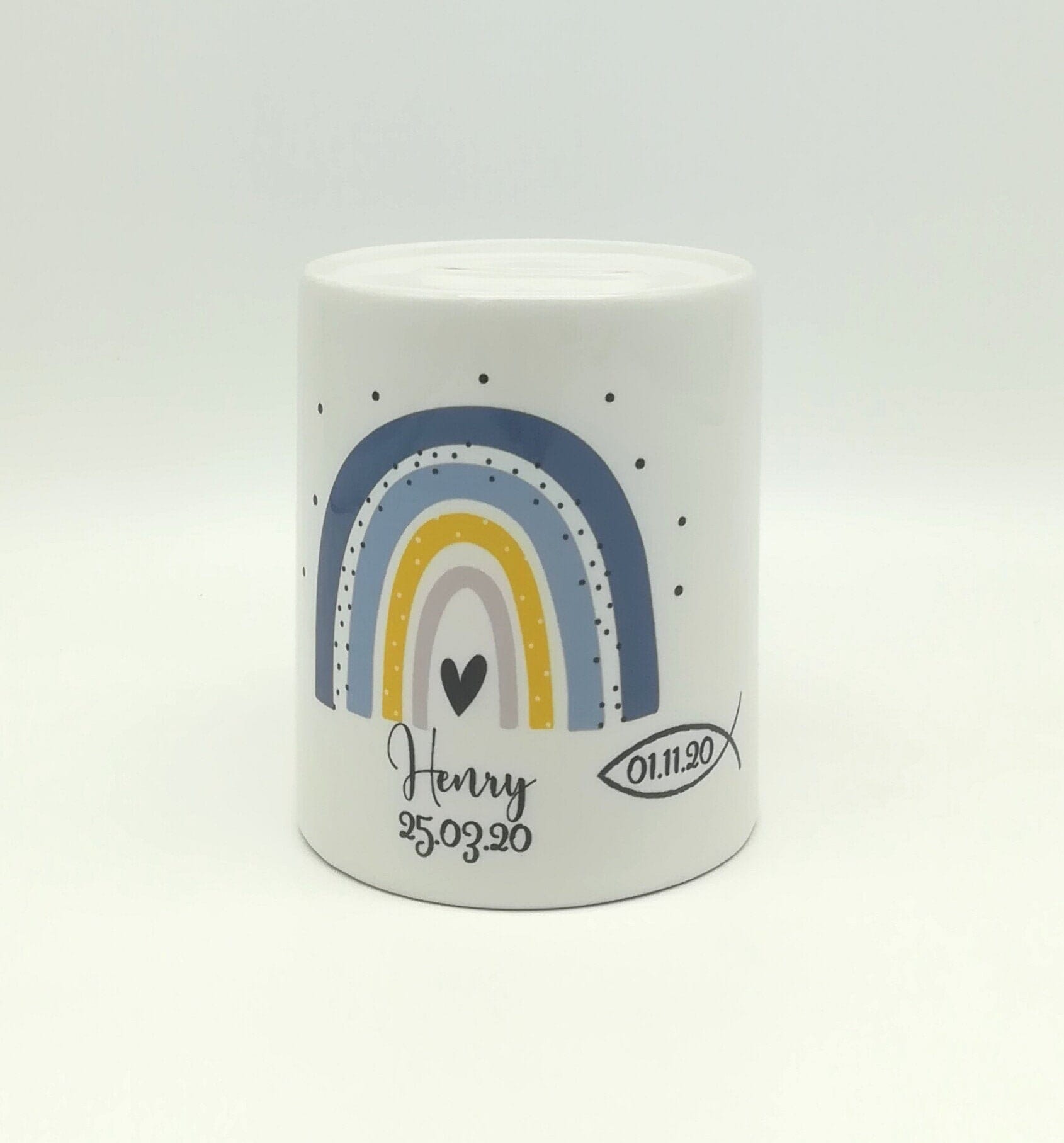 Spardose "Regenbogen blau/Fisch personalisiert mit Namen/ Taufe/ Taufgeschenk