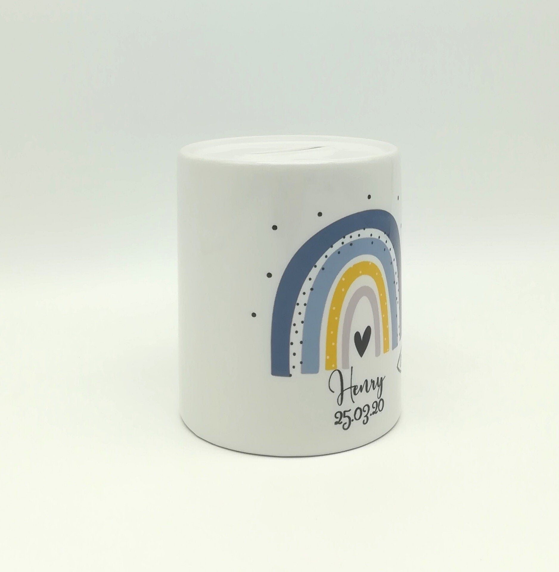 Spardose "Regenbogen blau/Fisch personalisiert mit Namen/ Taufe/ Taufgeschenk
