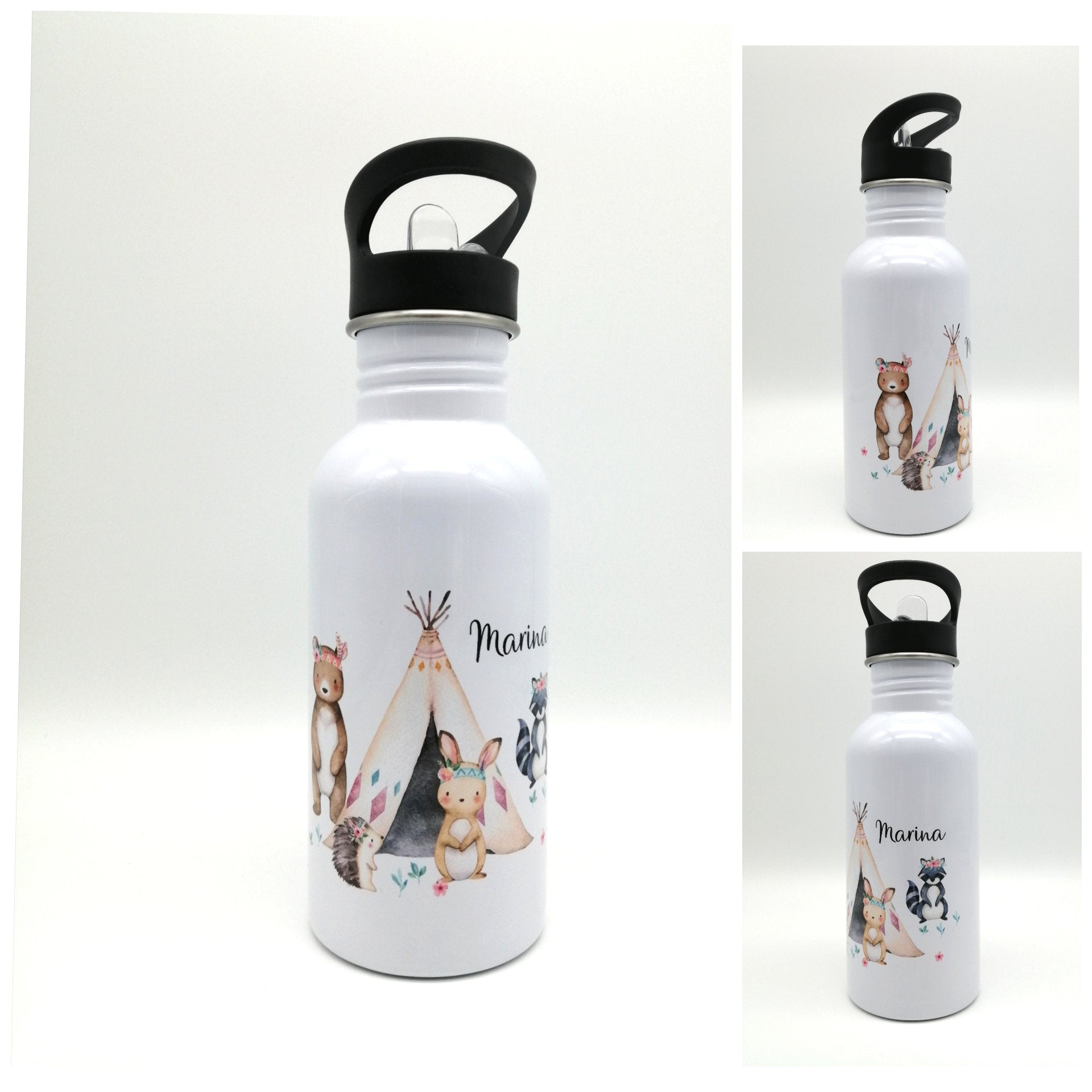 Trinkflasche mit Namen "Boho Waldtiere"/ Kindergarten/ Schule/ Sport/ 500ml mit Strohhalm
