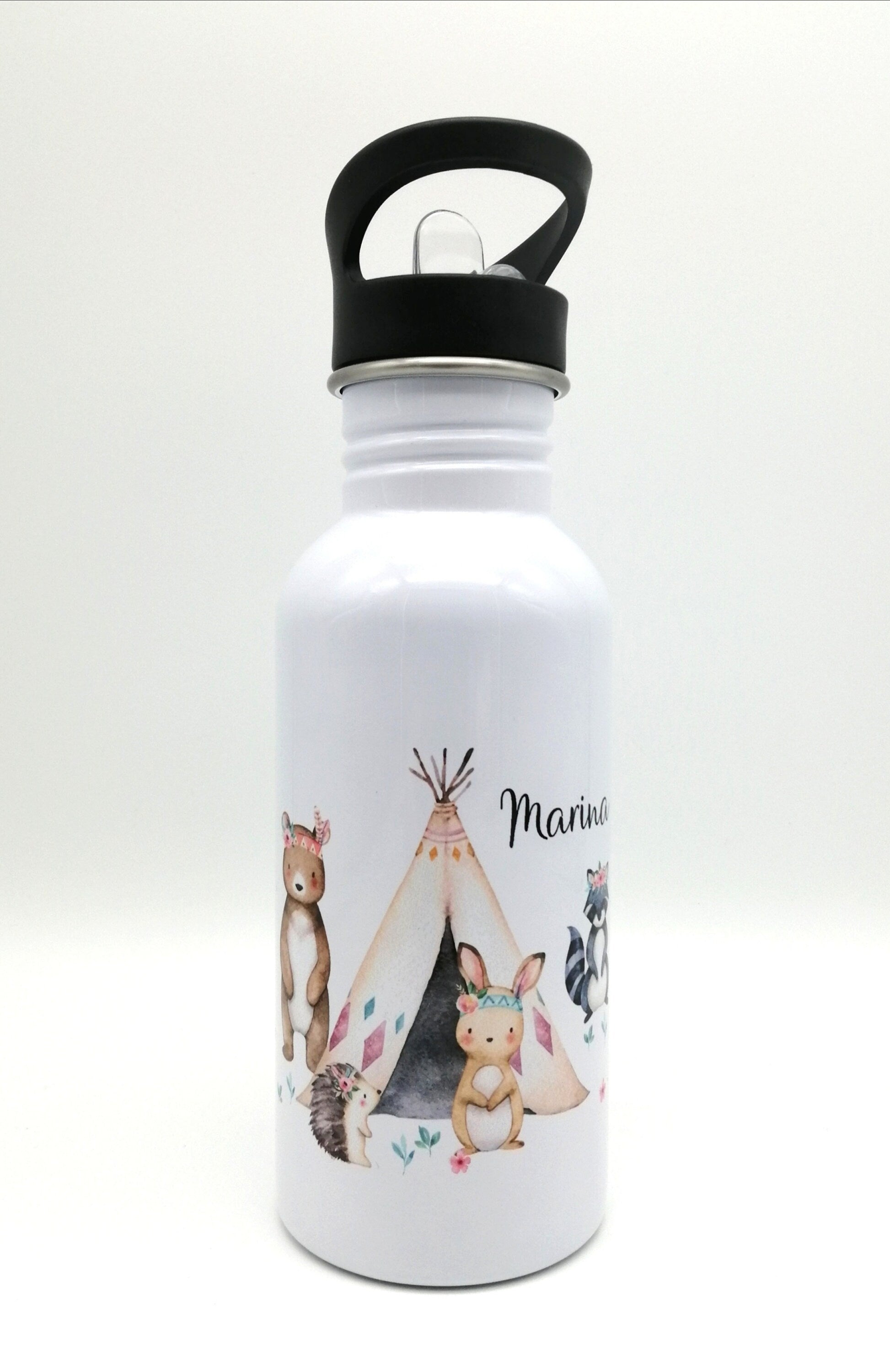 Trinkflasche mit Namen "Boho Waldtiere"/ Kindergarten/ Schule/ Sport/ 500ml mit Strohhalm