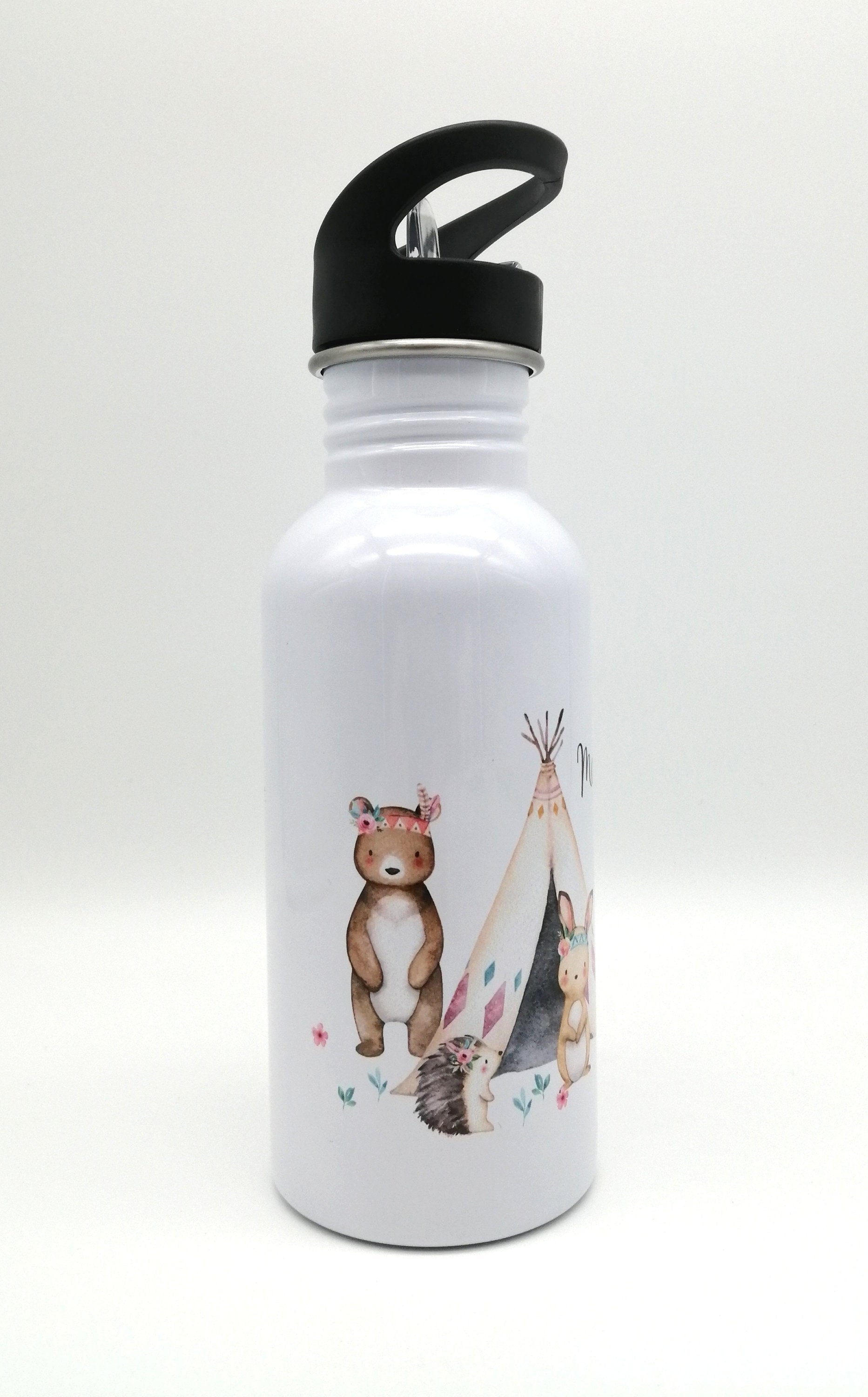 Trinkflasche mit Namen "Boho Waldtiere"/ Kindergarten/ Schule/ Sport/ 500ml mit Strohhalm