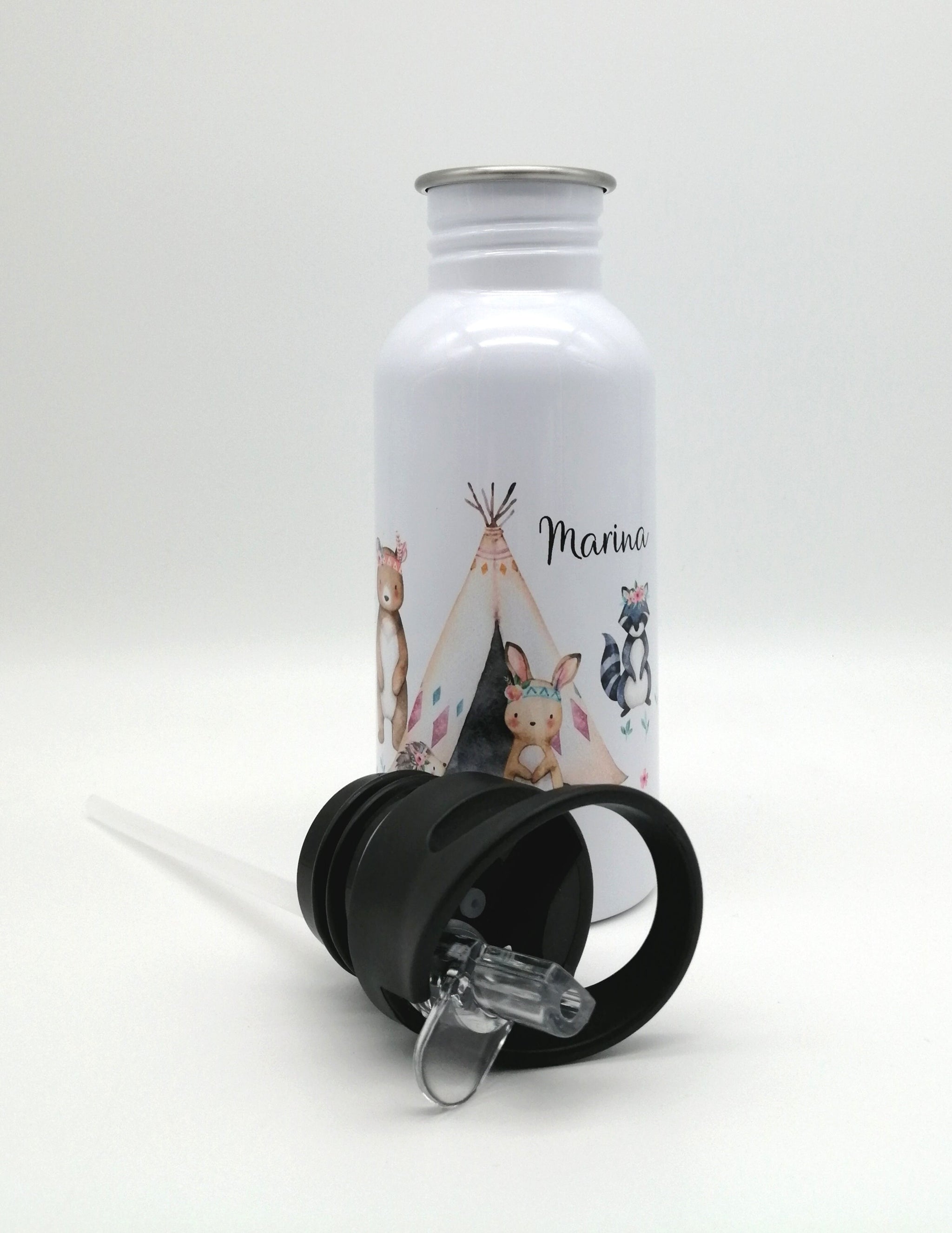 Trinkflasche mit Namen "Boho Waldtiere"/ Kindergarten/ Schule/ Sport/ 500ml mit Strohhalm