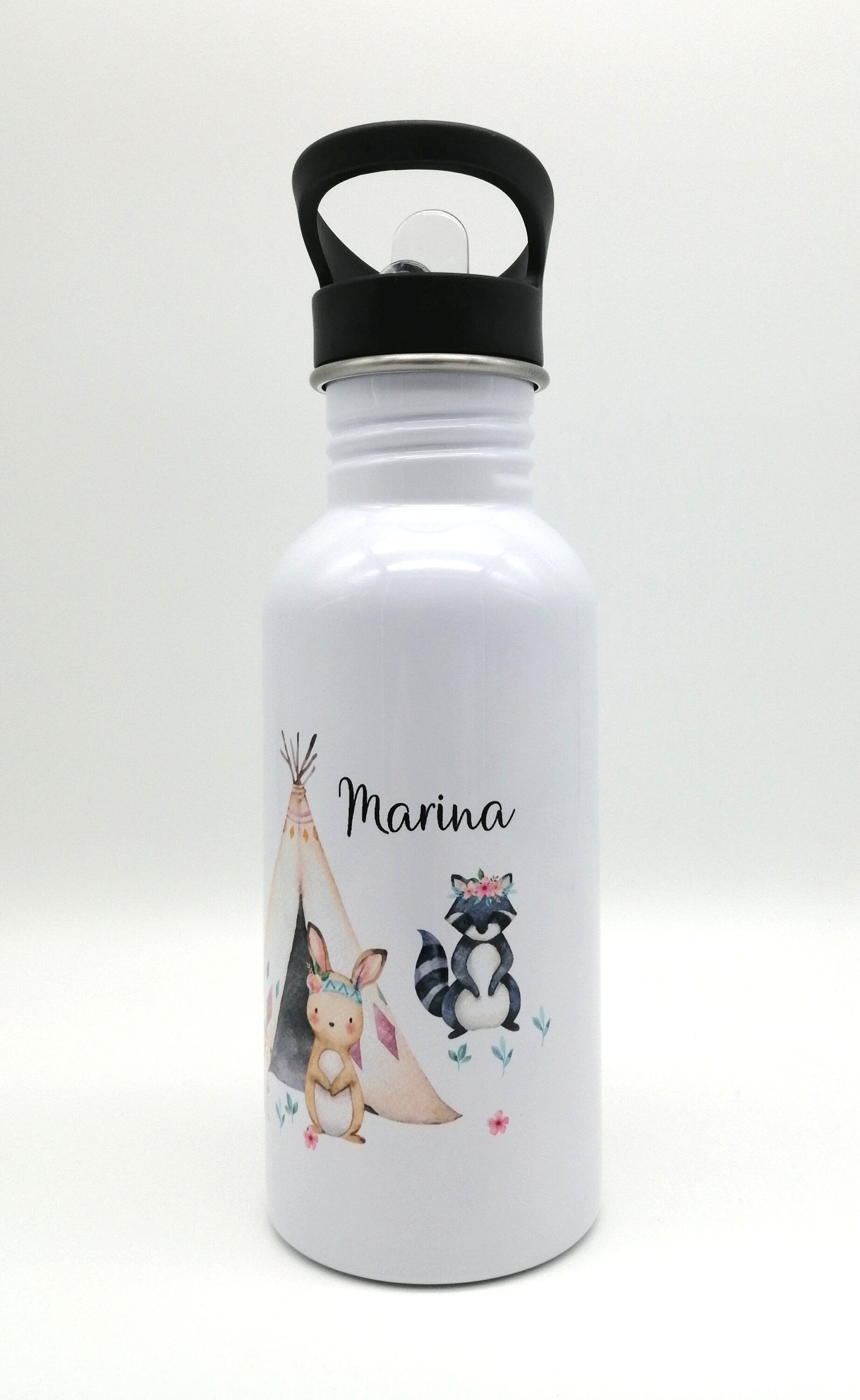 Trinkflasche mit Namen "Boho Waldtiere"/ Kindergarten/ Schule/ Sport/ 500ml mit Strohhalm