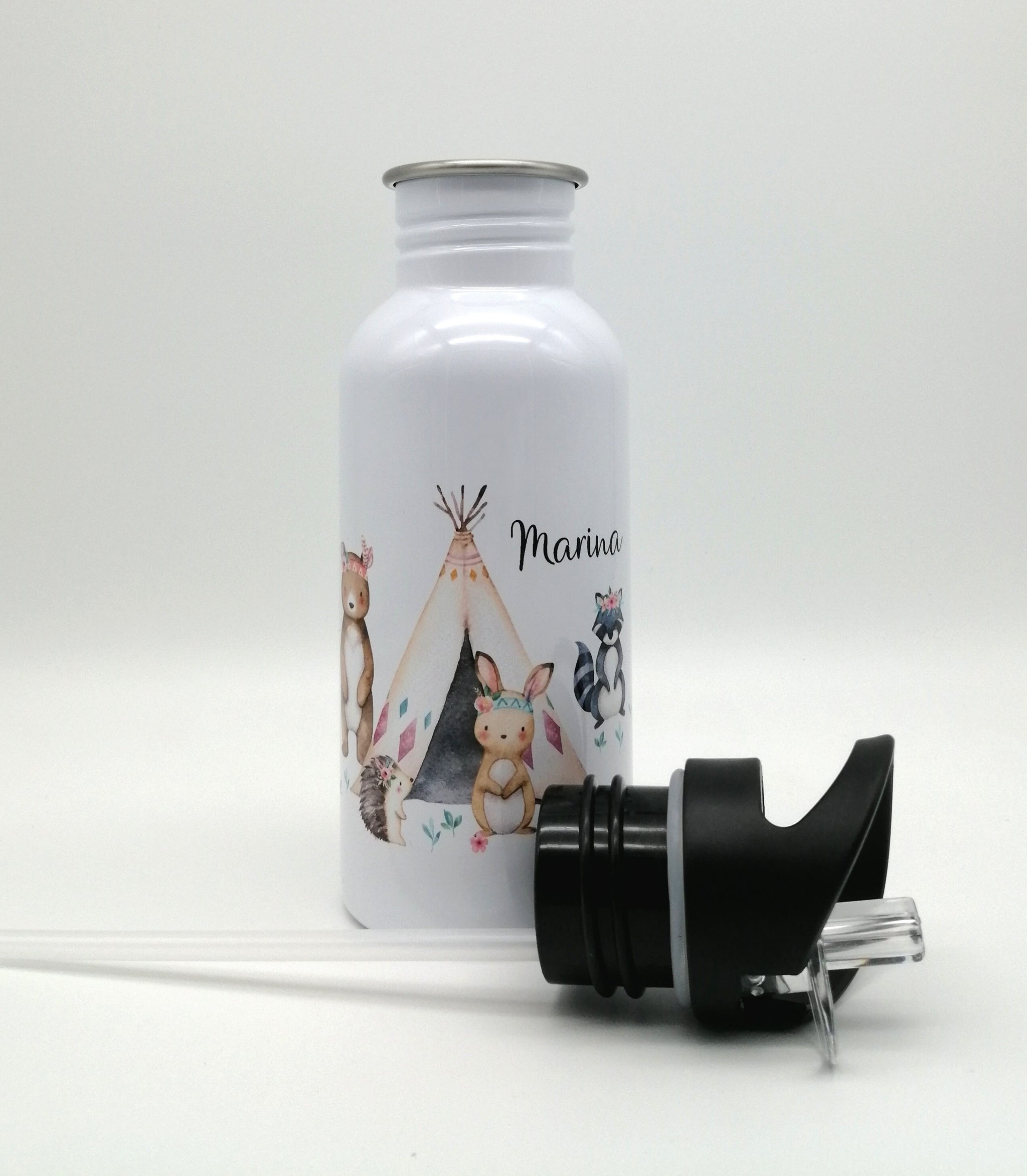 Trinkflasche mit Namen "Boho Waldtiere"/ Kindergarten/ Schule/ Sport/ 500ml mit Strohhalm