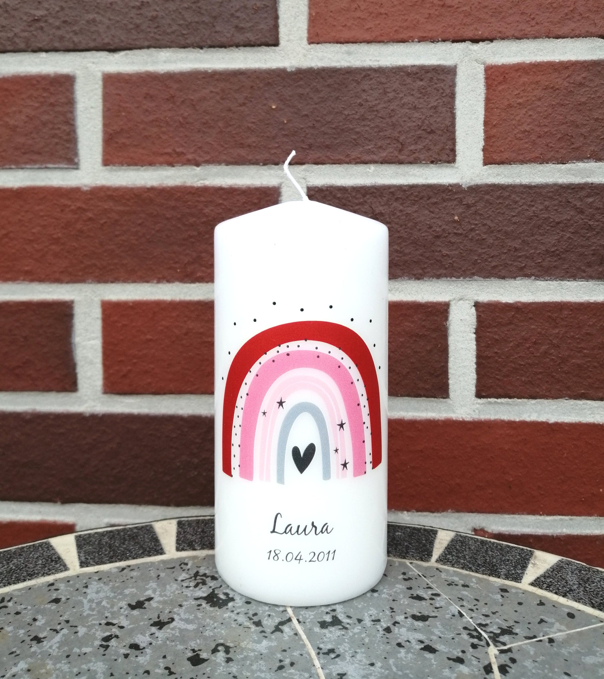 Geburtstagskerze/ Geburtskerze personalisiert mit Namen und Geburtsdatum " Regenbogen rot/rosa" / Geburt/ Taufe/ Geburtstag