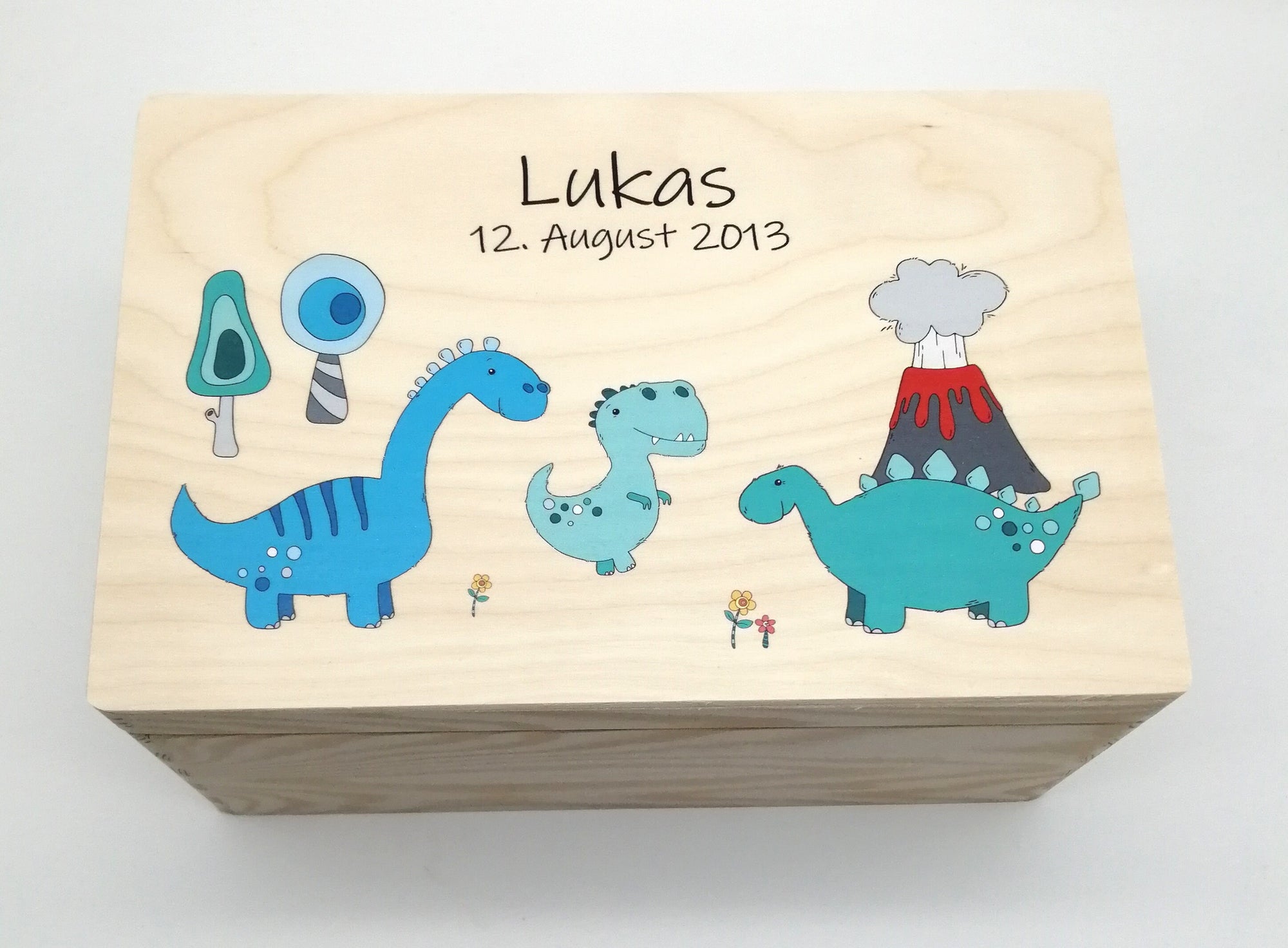 Erinnerungskiste Baby mit Namen "Dino" Geburtsdatum Erinnerungsbox für Kinder