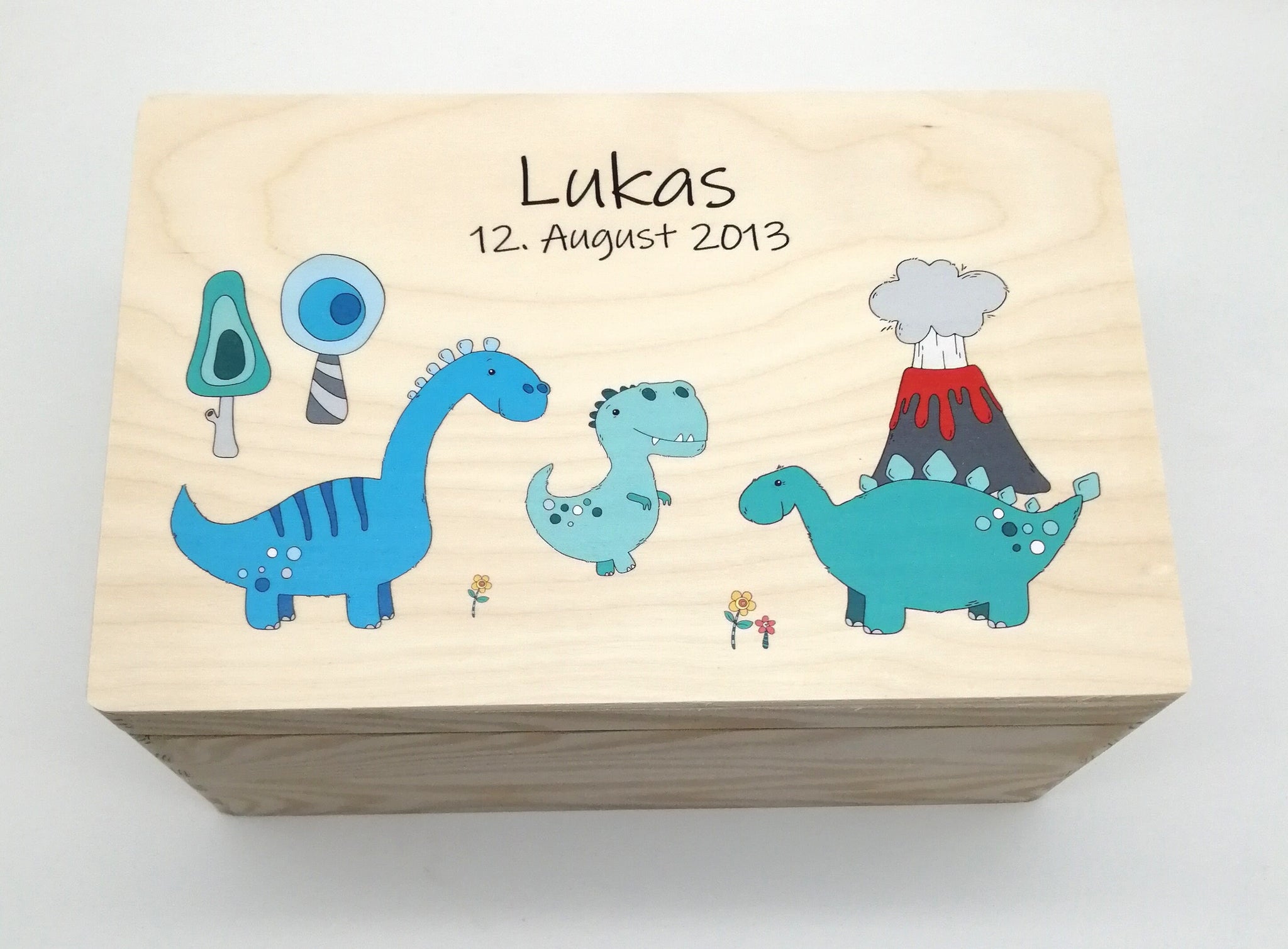 Erinnerungskiste Baby mit Namen "Dino" Geburtsdatum Erinnerungsbox für Kinder
