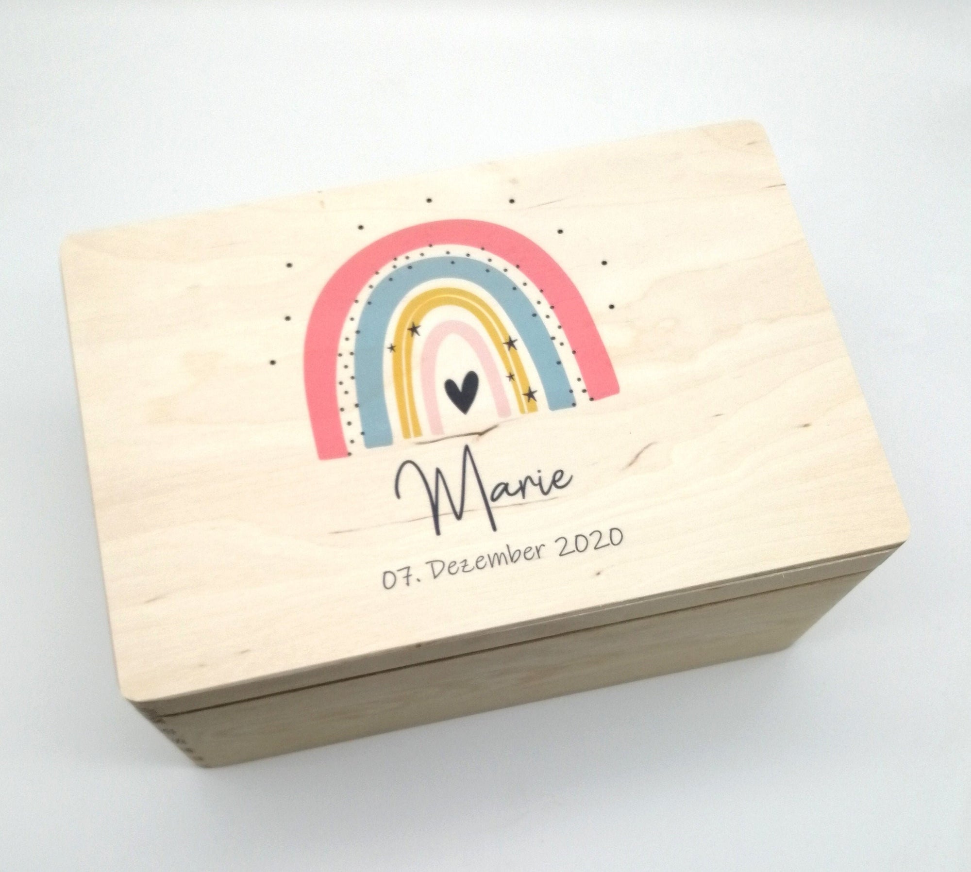 Erinnerungskiste Baby mit Namen "Regenbogen rosa" Geburtsdatum Erinnerungsbox für Kinder