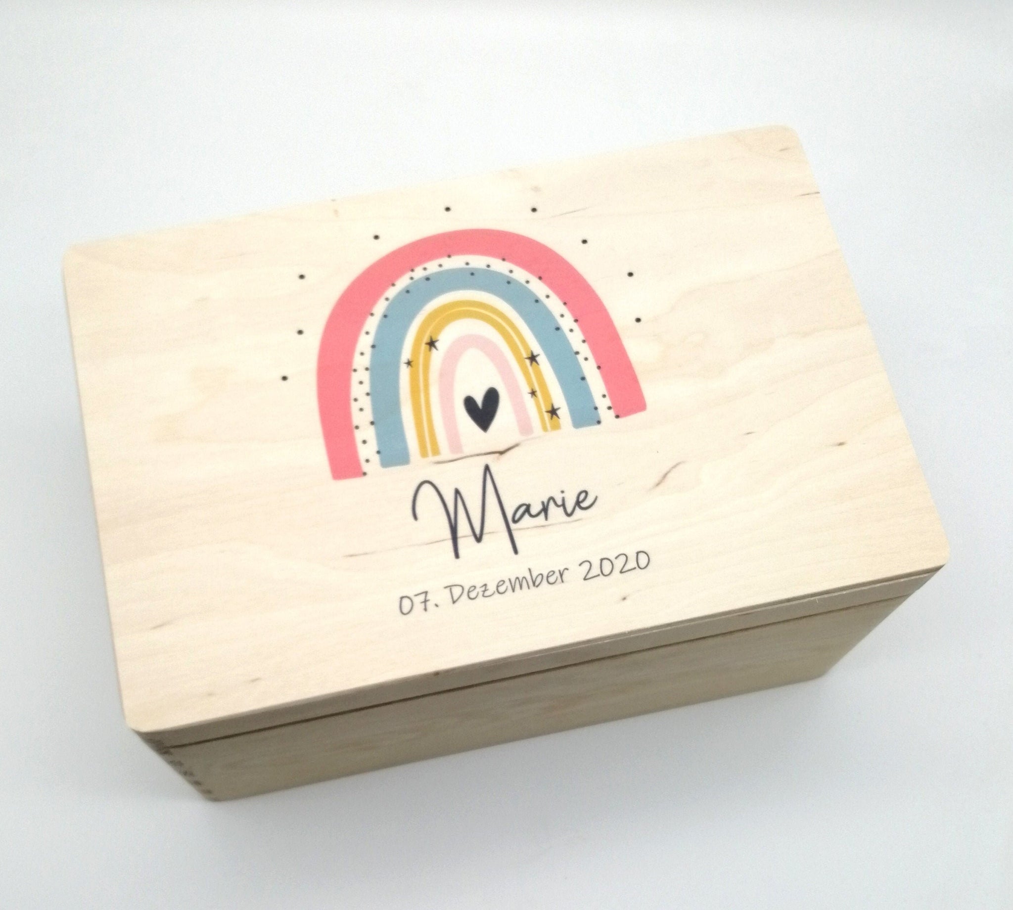 Erinnerungskiste Baby mit Namen "Regenbogen rosa" Geburtsdatum Erinnerungsbox für Kinder
