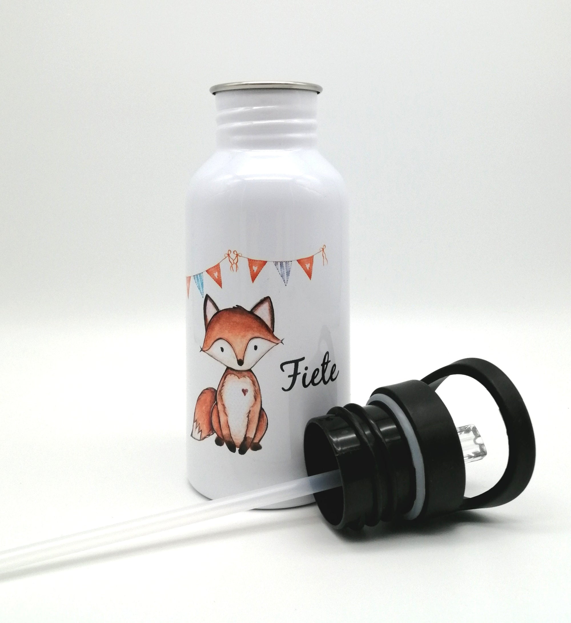 Trinkflasche mit Namen "Fuchs"/ Kindergarten/ Schule/ Sport/ 500ml mit Strohhalm