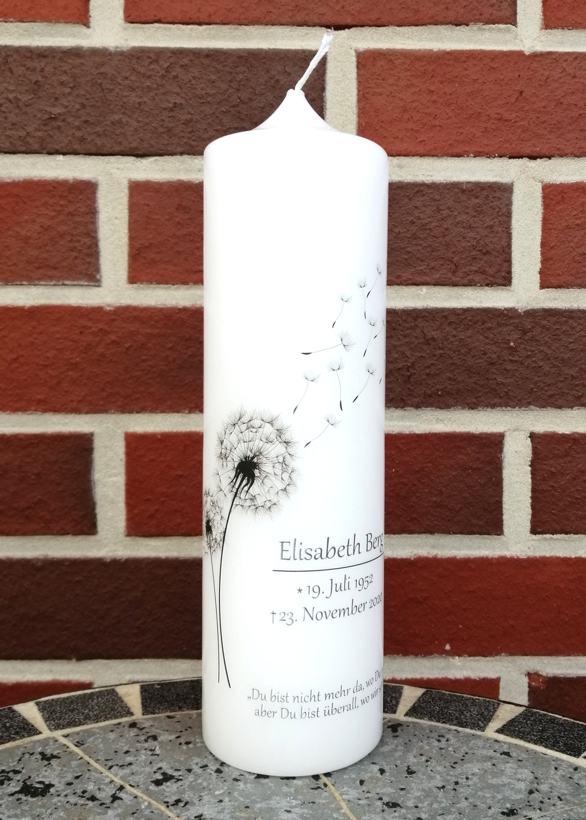Trauerkerze personalisiert "Pusteblume" Gedenkkerze mit Spruch individualisiert