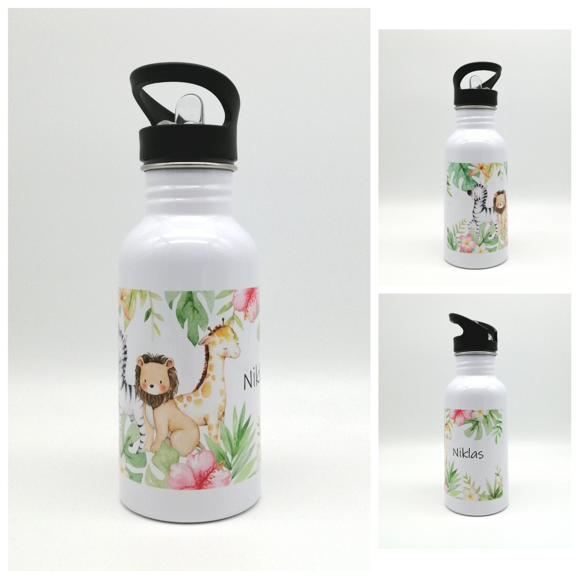 Trinkflasche mit Namen "Dschungeltiere"/ Kindergarten/ Schule/ Sport/ 500ml mit Strohhalm