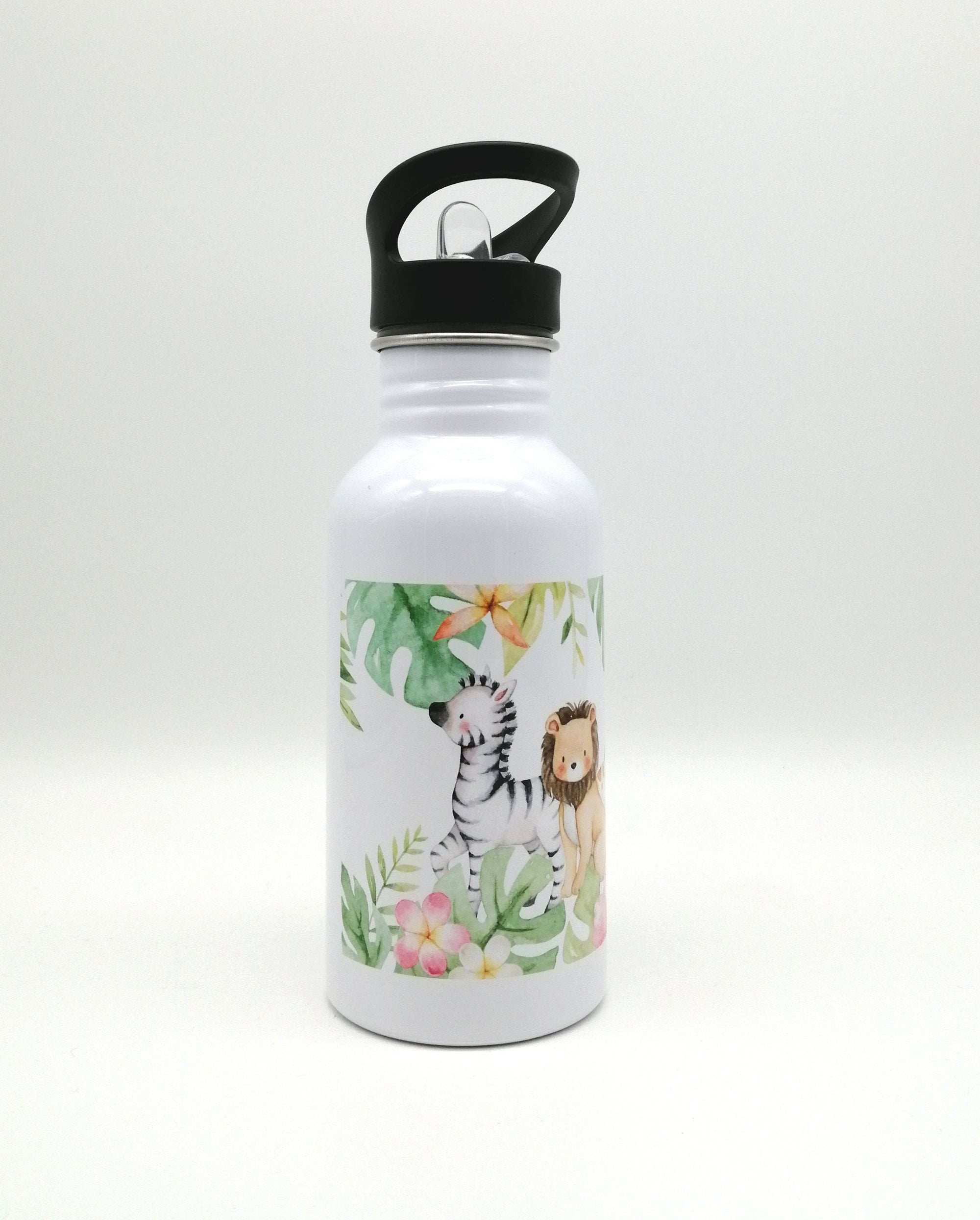 Trinkflasche mit Namen "Dschungeltiere"/ Kindergarten/ Schule/ Sport/ 500ml mit Strohhalm