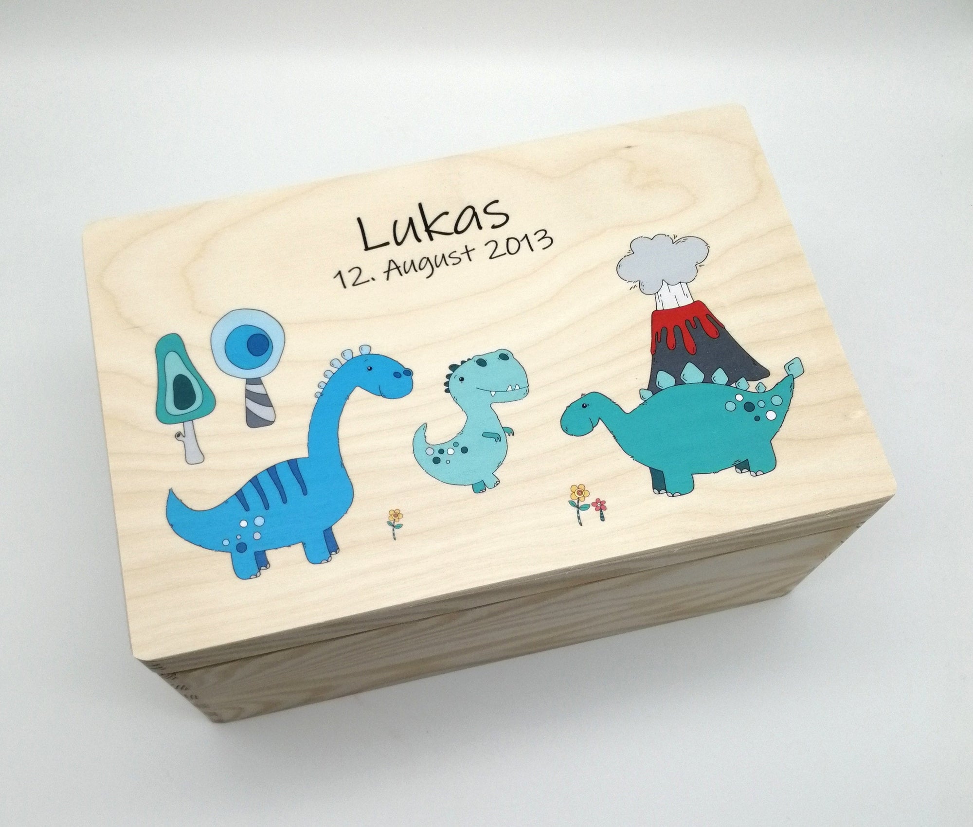 Erinnerungskiste Baby mit Namen "Dino" Geburtsdatum Erinnerungsbox für Kinder