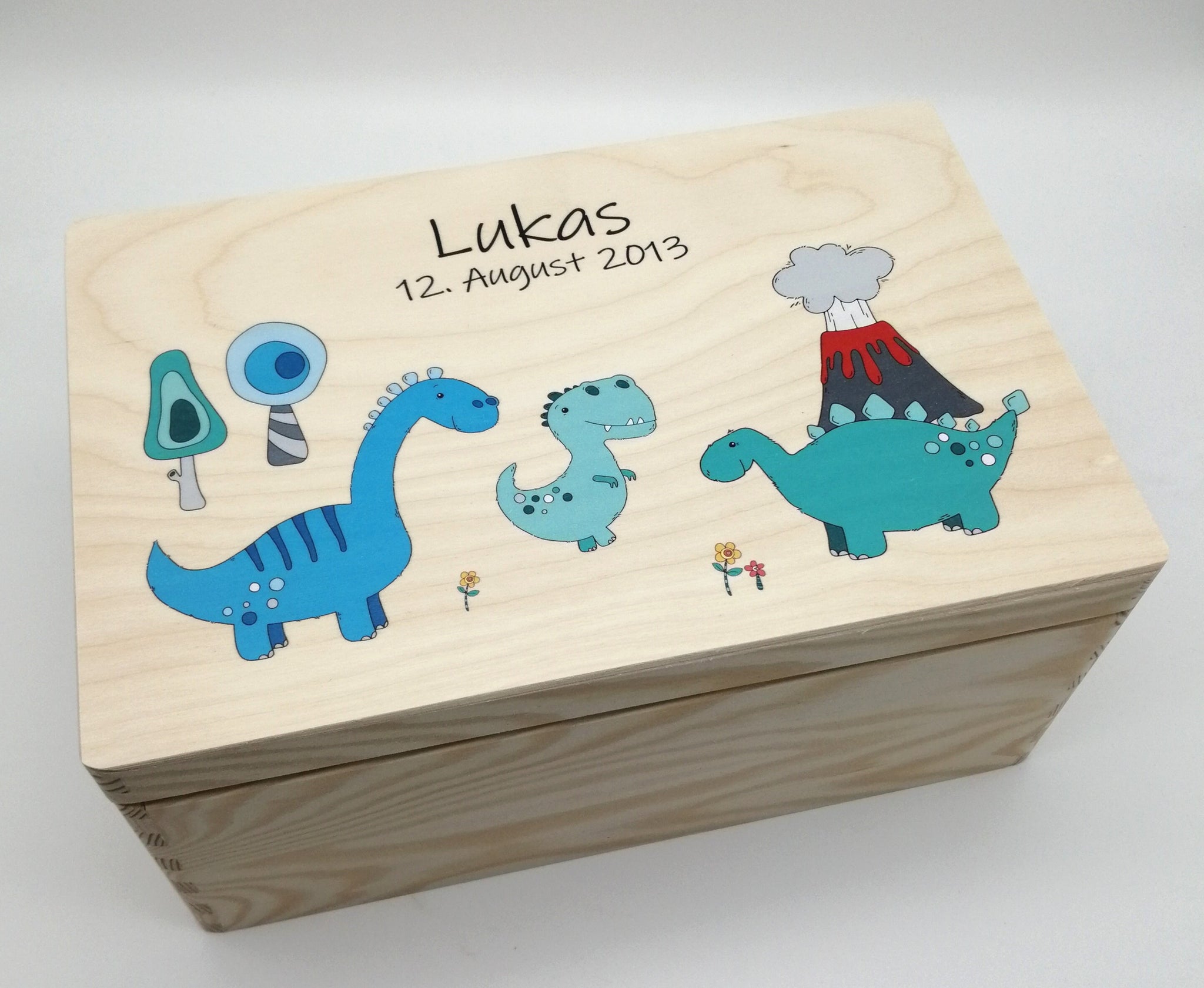Erinnerungskiste Baby mit Namen "Dino" Geburtsdatum Erinnerungsbox für Kinder