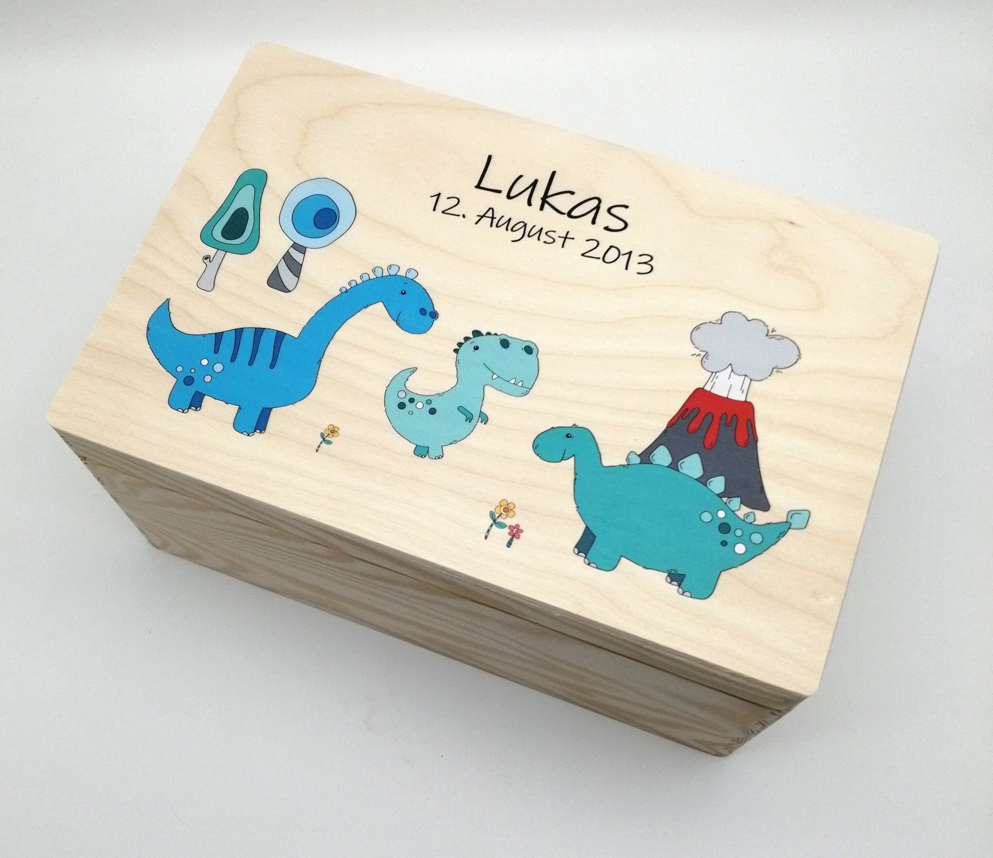 Erinnerungskiste Baby mit Namen "Dino" Geburtsdatum Erinnerungsbox für Kinder