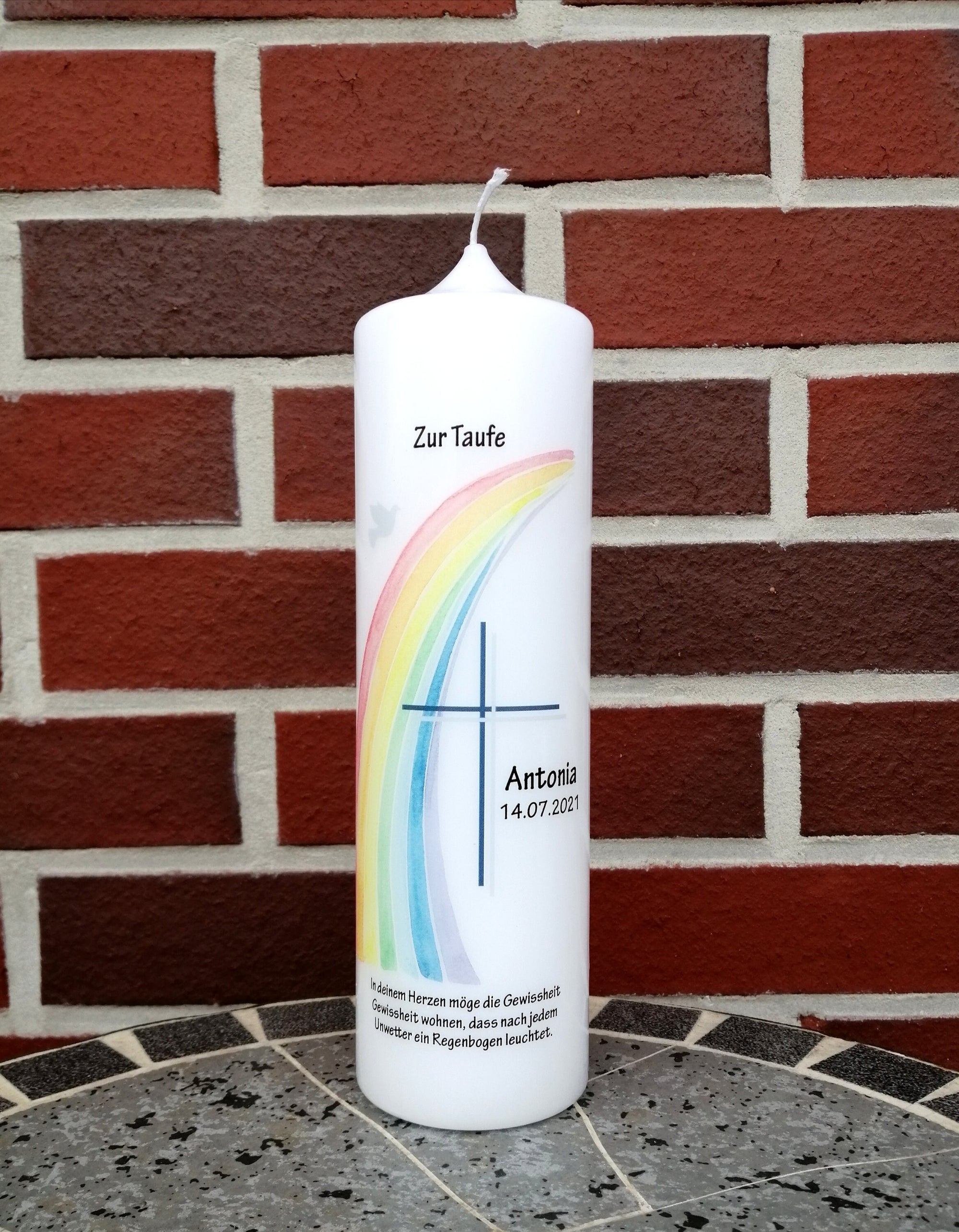 Taufkerze personalisiert mit Namen Datum und Taufspruch "Regenbogen Kreuz Taube", Junge/ Mädchen