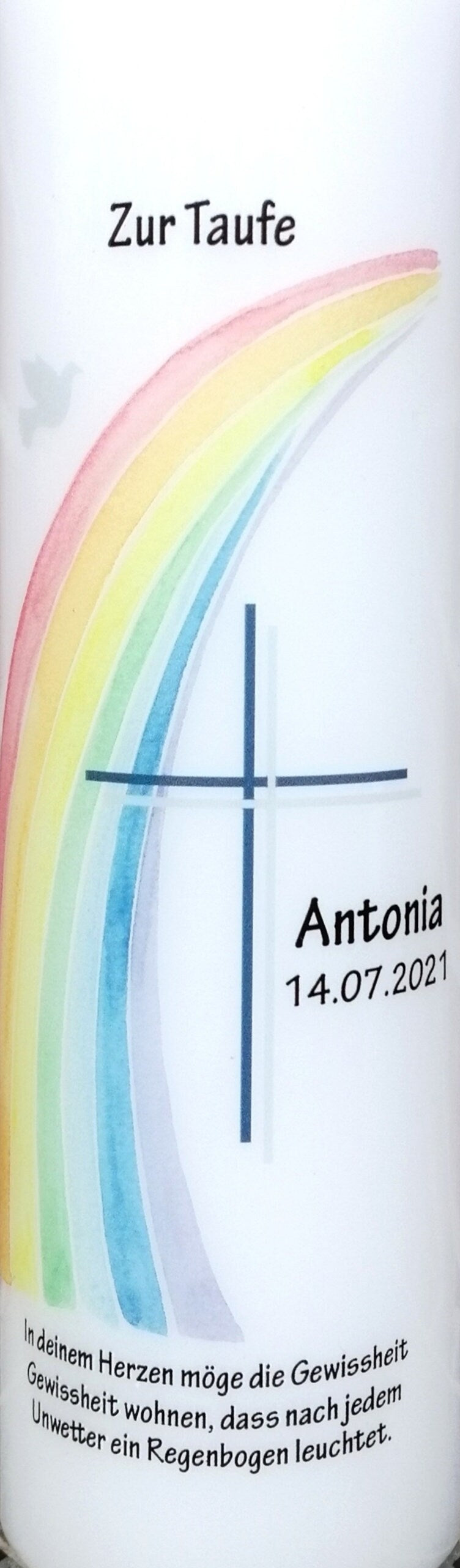 Taufkerze personalisiert mit Namen Datum und Taufspruch "Regenbogen Kreuz Taube", Junge/ Mädchen