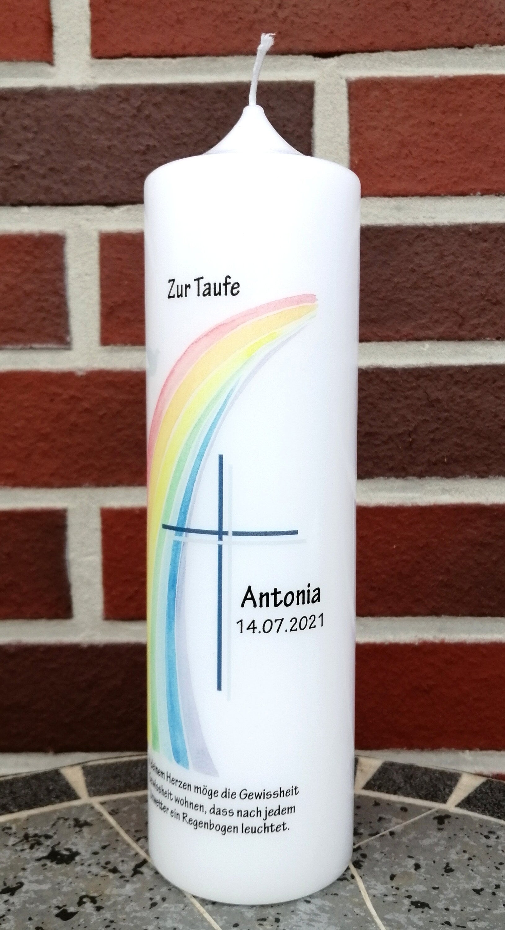 Taufkerze personalisiert mit Namen Datum und Taufspruch "Regenbogen Kreuz Taube", Junge/ Mädchen