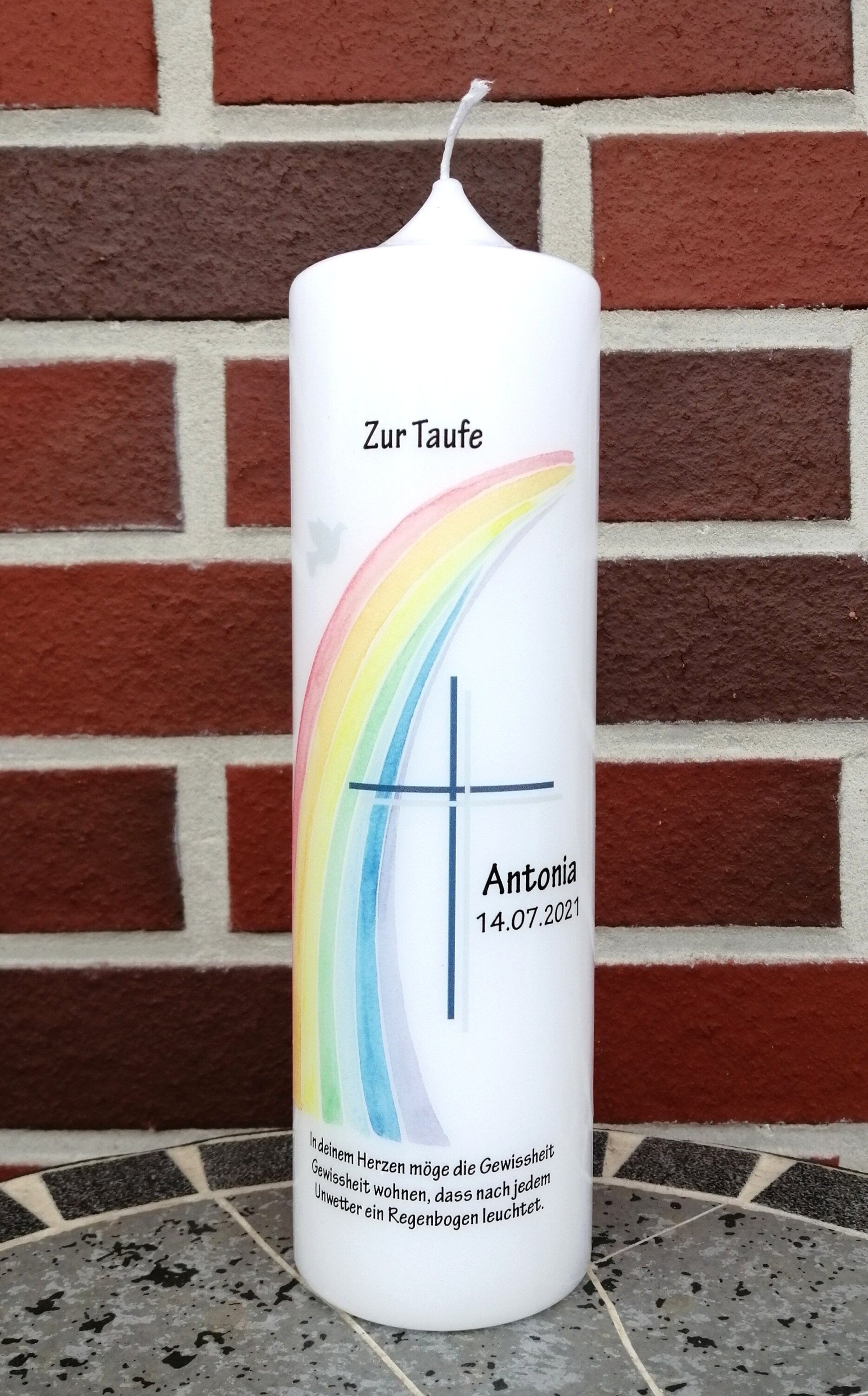 Taufkerze personalisiert mit Namen Datum und Taufspruch "Regenbogen Kreuz Taube", Junge/ Mädchen