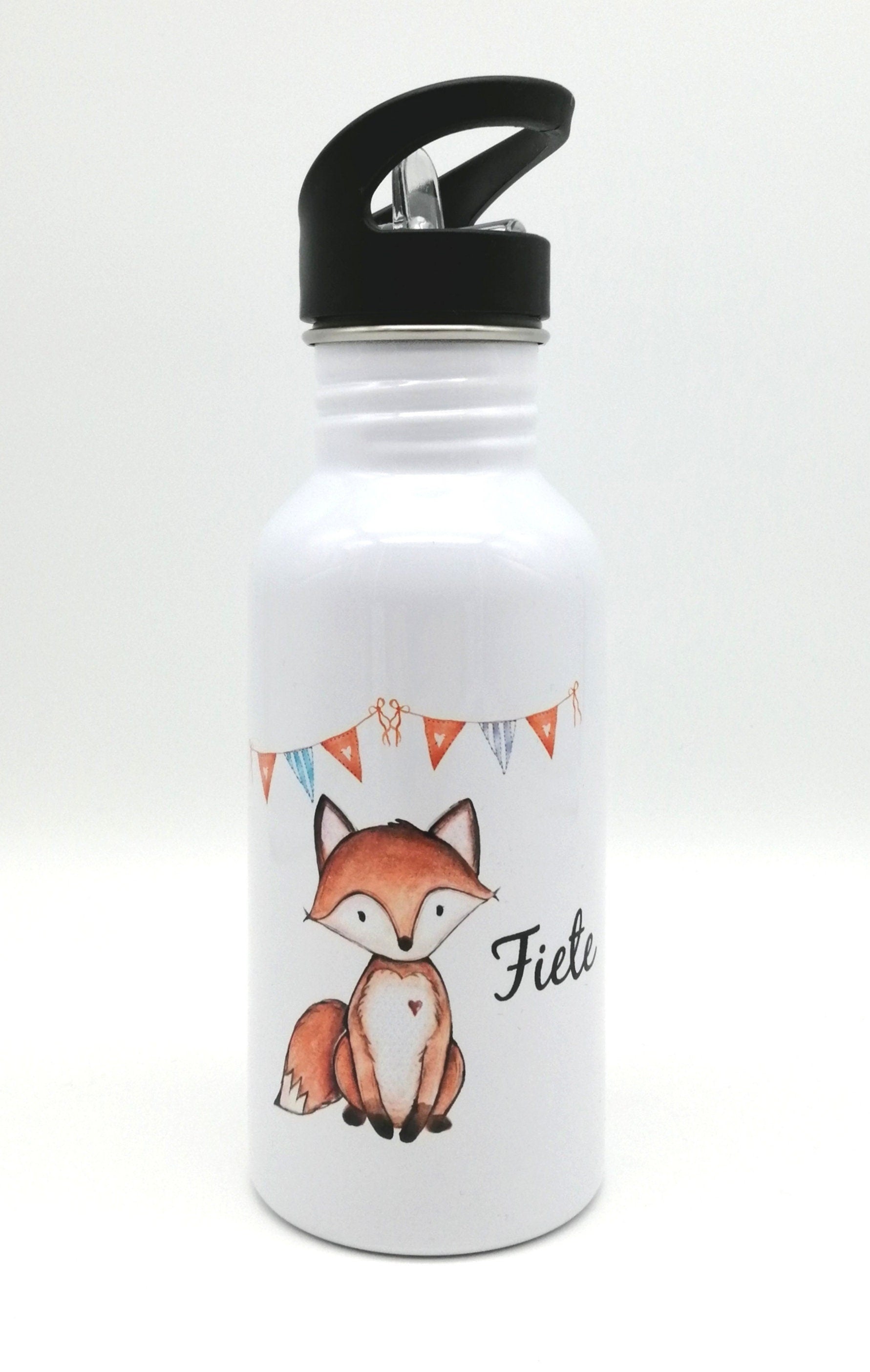 Trinkflasche mit Namen "Fuchs"/ Kindergarten/ Schule/ Sport/ 500ml mit Strohhalm