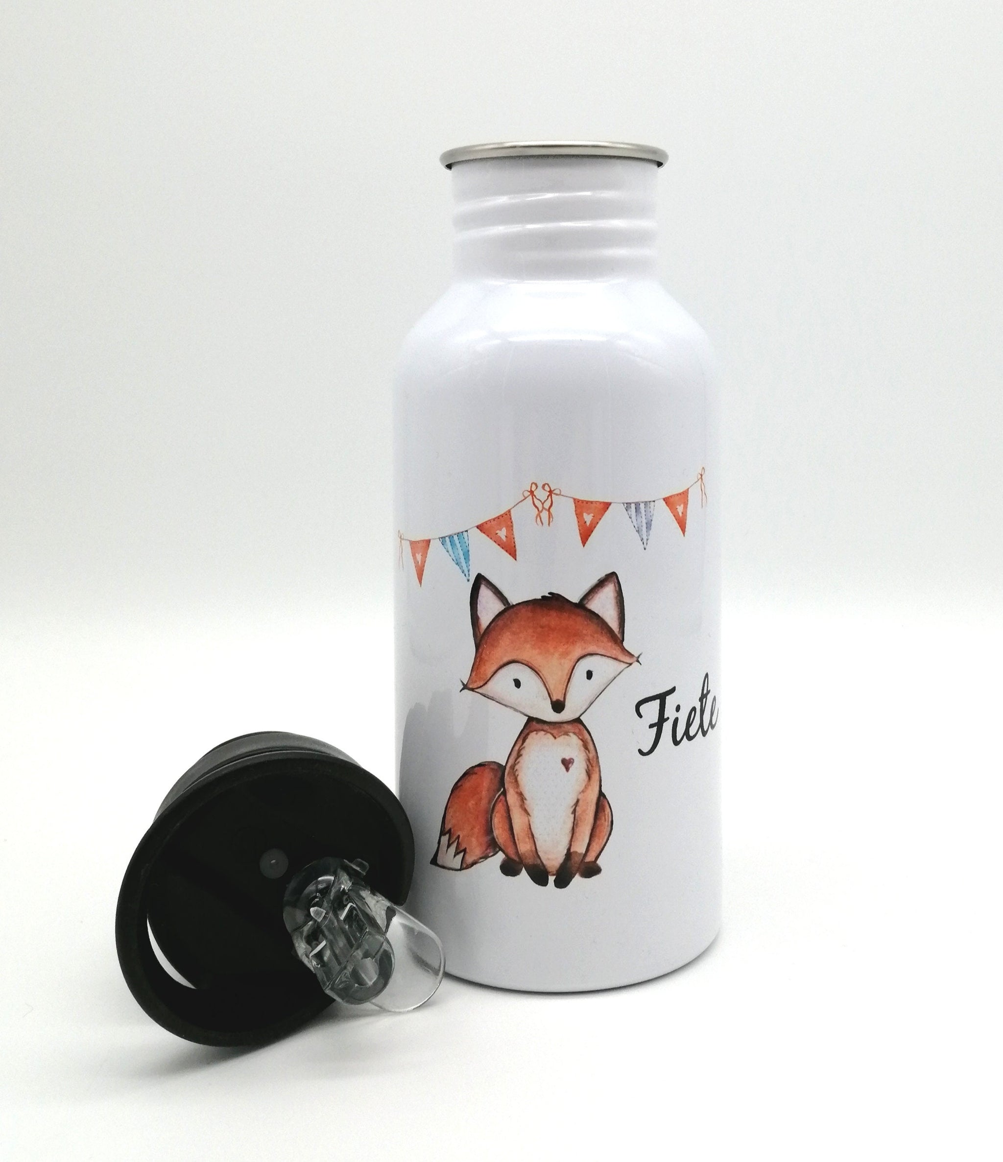Trinkflasche mit Namen "Fuchs"/ Kindergarten/ Schule/ Sport/ 500ml mit Strohhalm