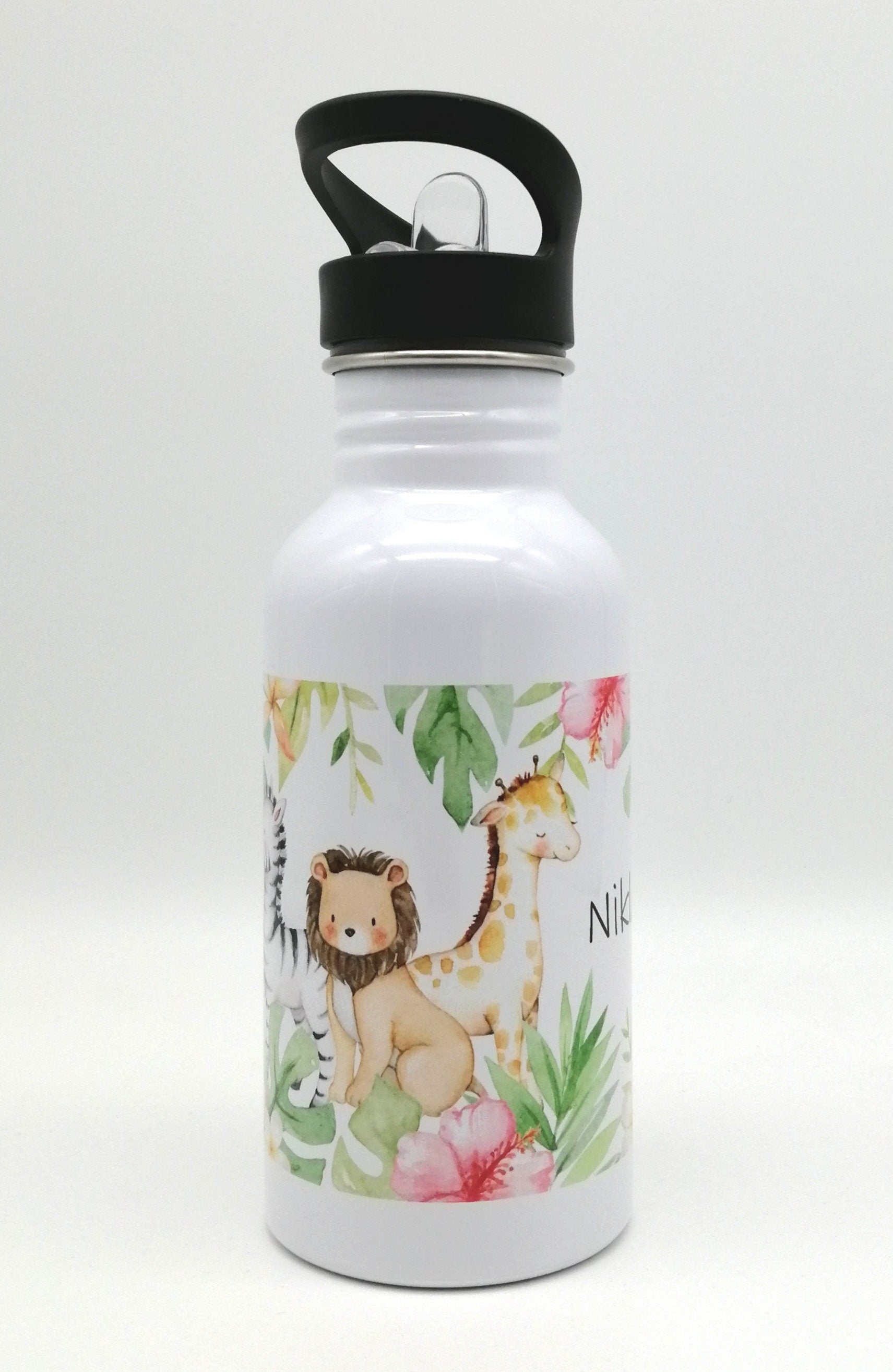 Trinkflasche mit Namen "Dschungeltiere"/ Kindergarten/ Schule/ Sport/ 500ml mit Strohhalm