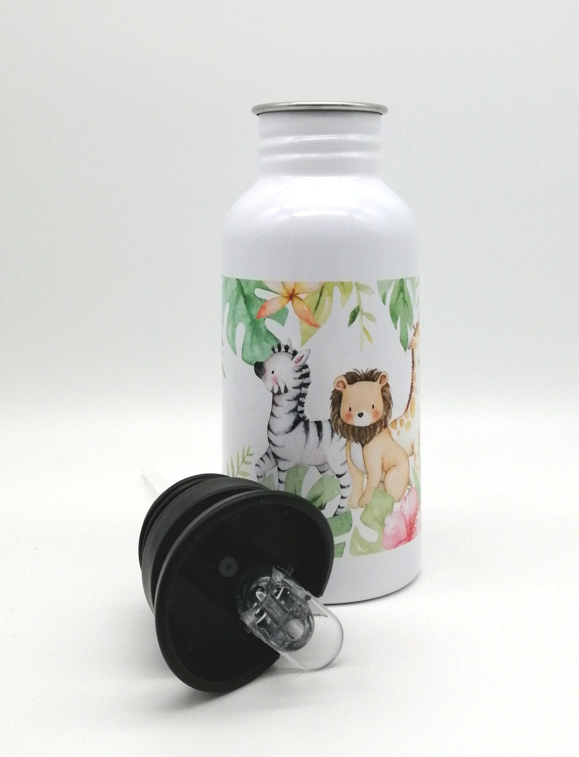 Trinkflasche mit Namen "Dschungeltiere"/ Kindergarten/ Schule/ Sport/ 500ml mit Strohhalm