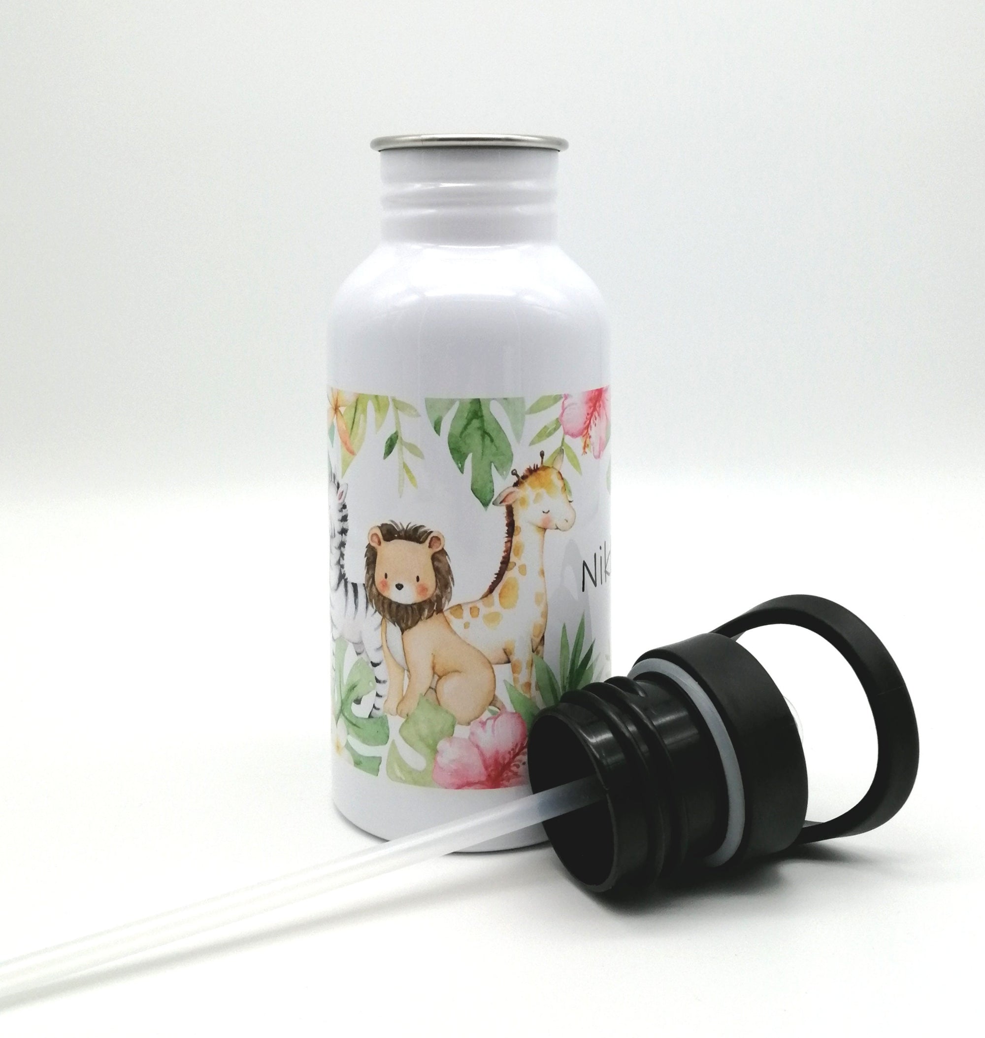 Trinkflasche mit Namen "Dschungeltiere"/ Kindergarten/ Schule/ Sport/ 500ml mit Strohhalm