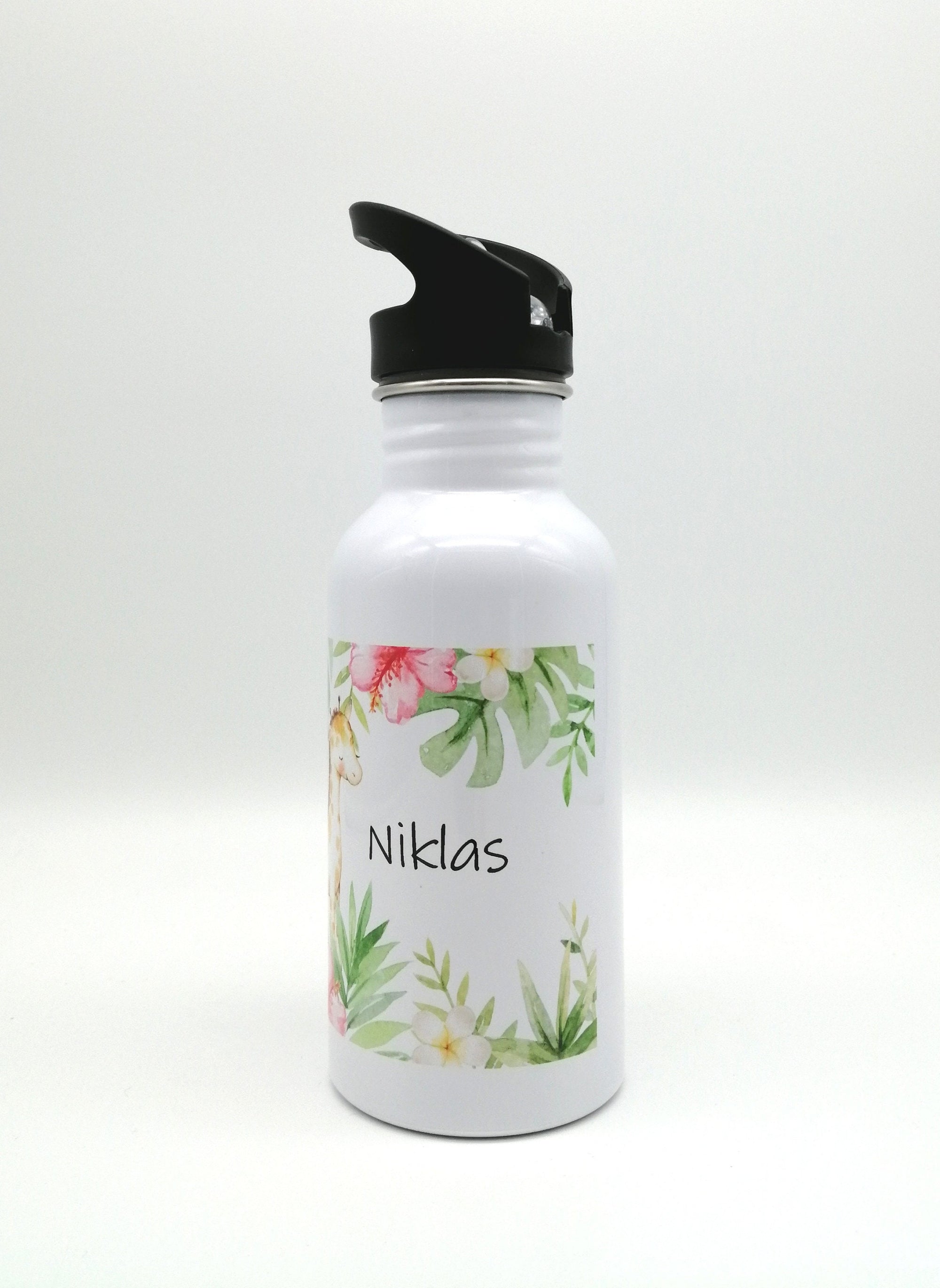 Trinkflasche mit Namen "Dschungeltiere"/ Kindergarten/ Schule/ Sport/ 500ml mit Strohhalm