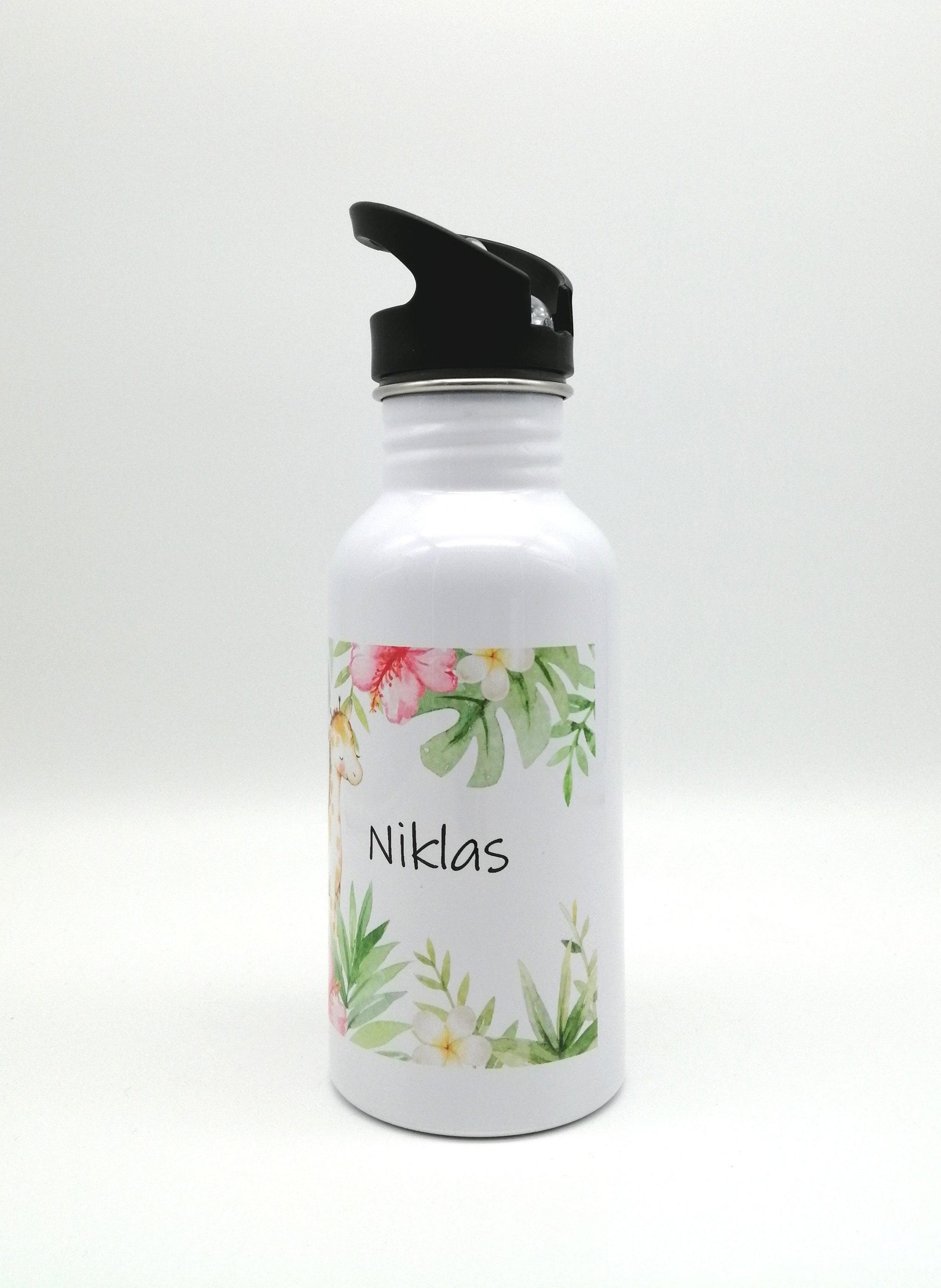 Trinkflasche mit Namen "Dschungeltiere"/ Kindergarten/ Schule/ Sport/ 500ml mit Strohhalm