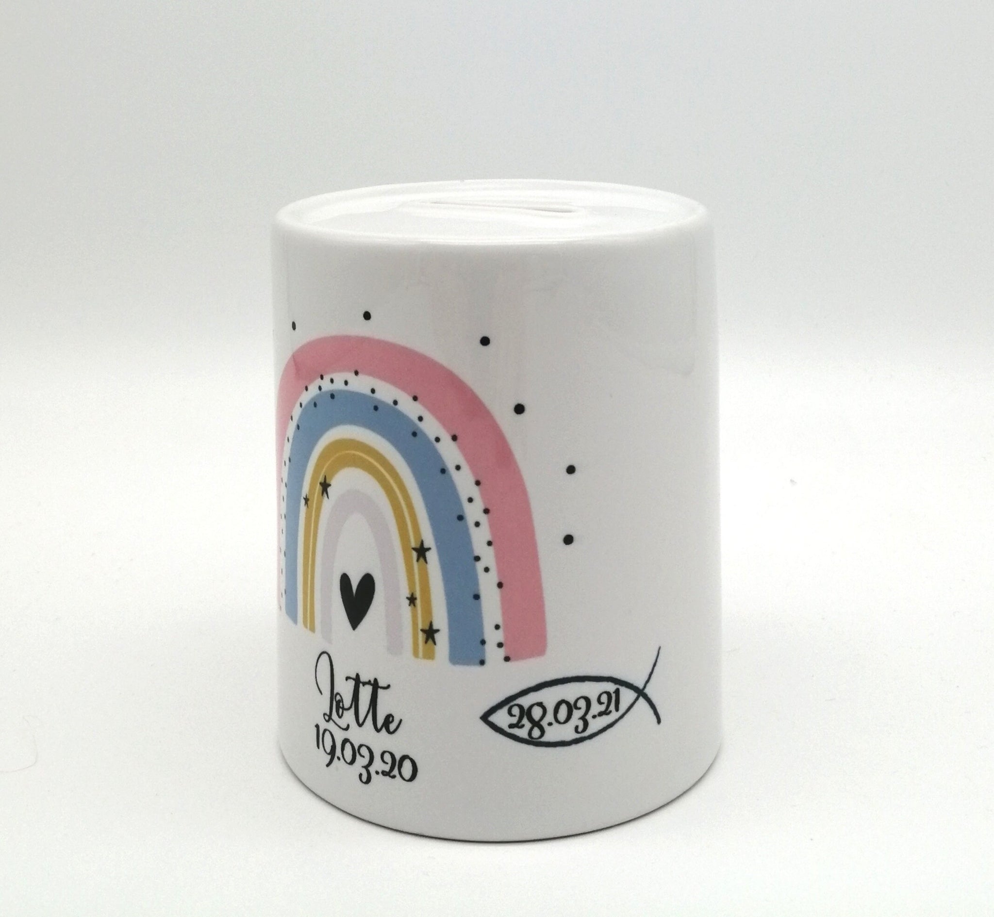 Spardose "Regenbogen pfirsich/Fisch personalisiert mit Namen/ Taufe/ Taufgeschenk