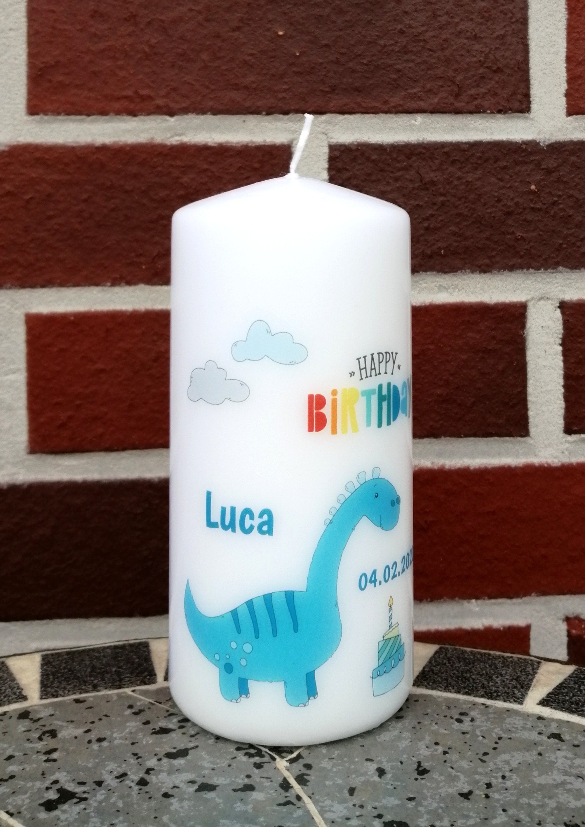 Geburtstagskerze/ Geburtskerze personalisiert mit Namen und Geburtsdatum "Dino" / Geburt/ Taufe/ Geburtstag